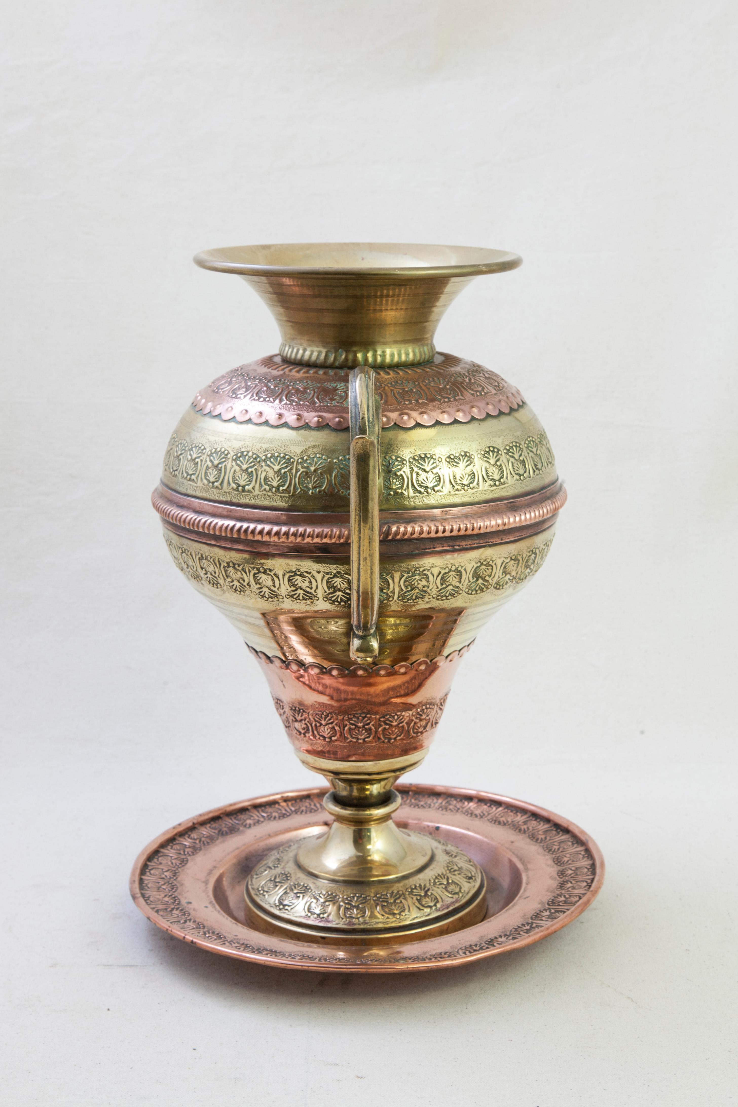 Repoussé French Copper and Brass Urn or Vase with Original Platter Marked Villedieu For Sale
