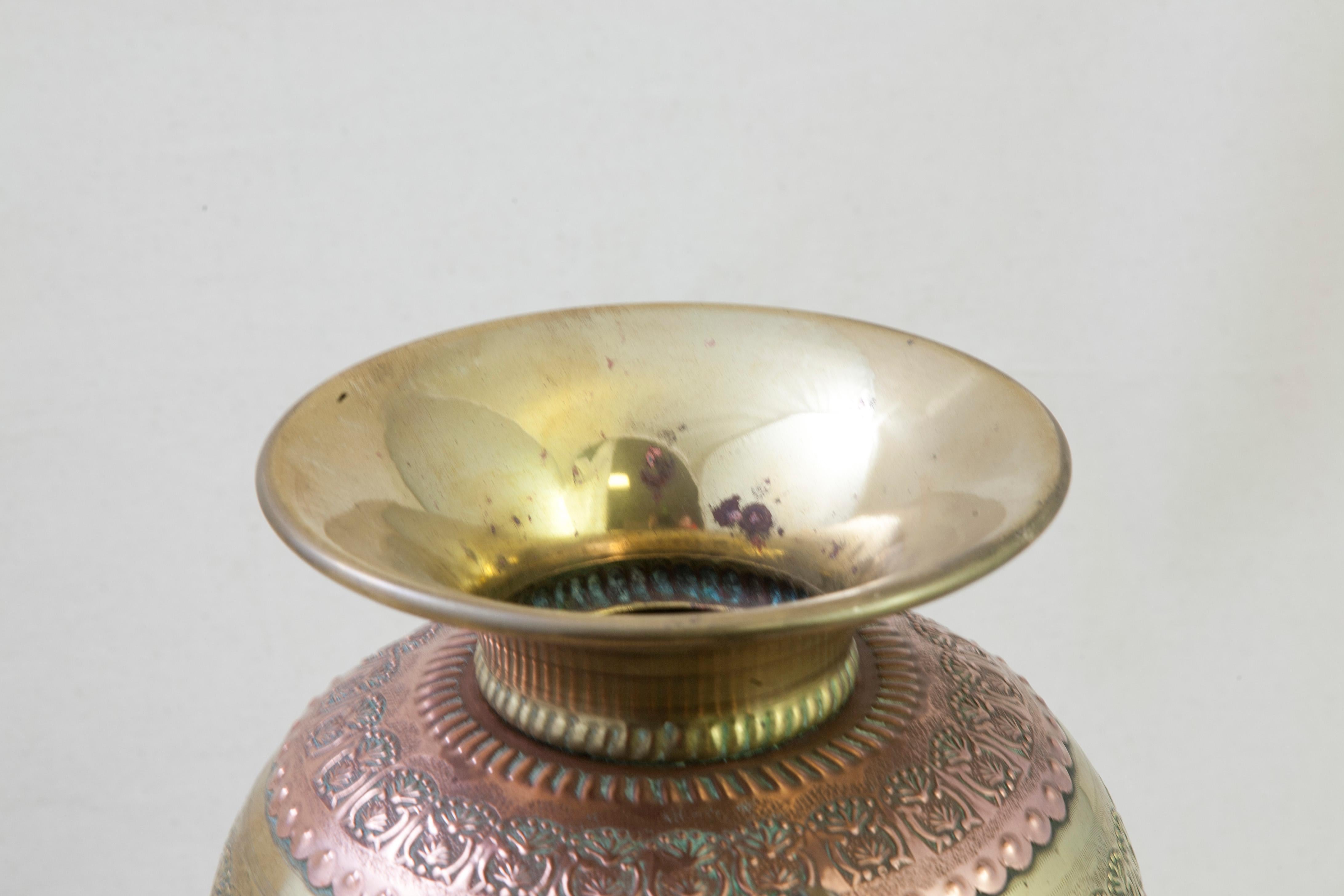 French Copper and Brass Urn or Vase with Original Platter Marked Villedieu In Good Condition For Sale In Fayetteville, AR