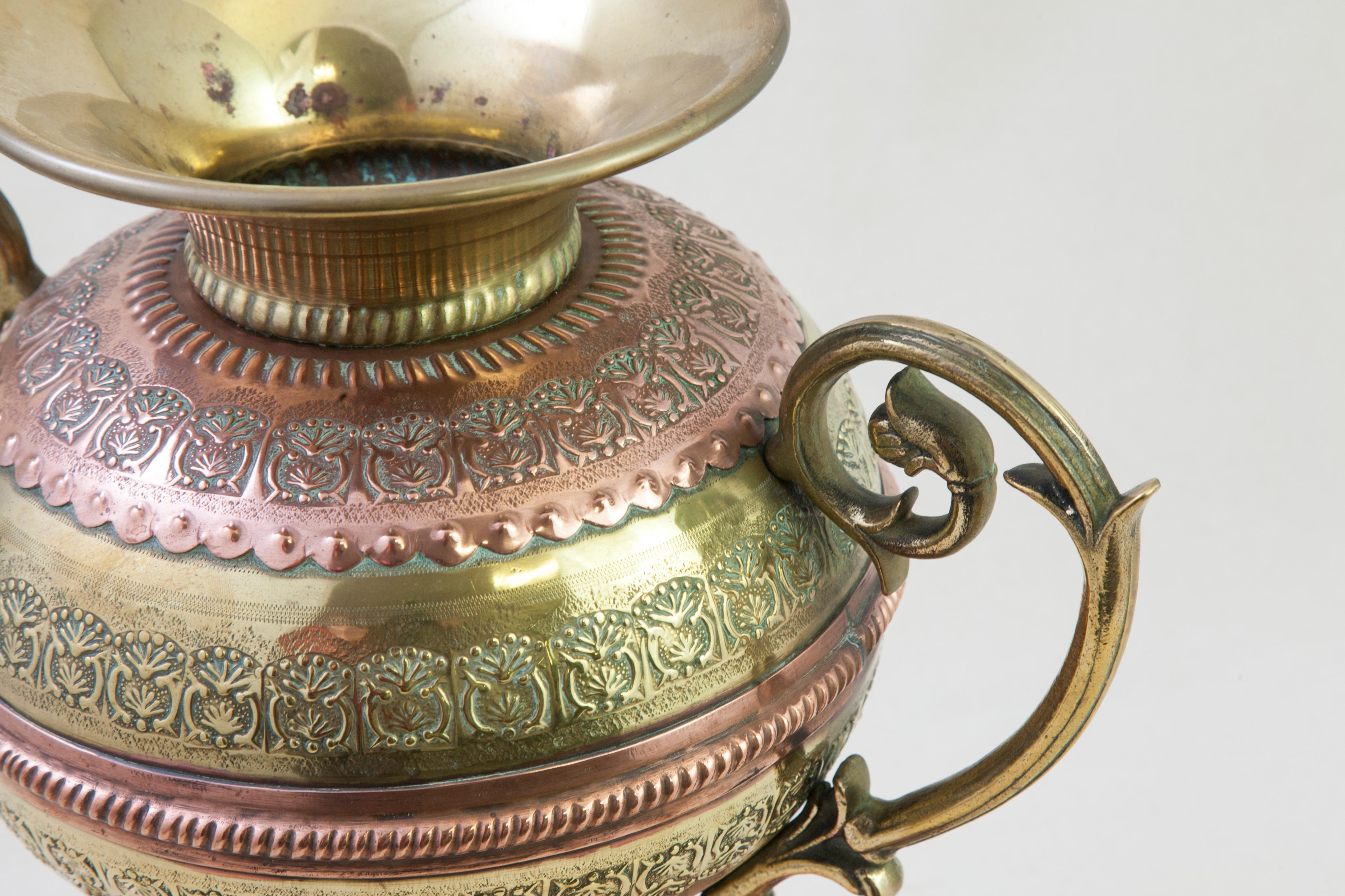 Early 20th Century French Copper and Brass Urn or Vase with Original Platter Marked Villedieu For Sale
