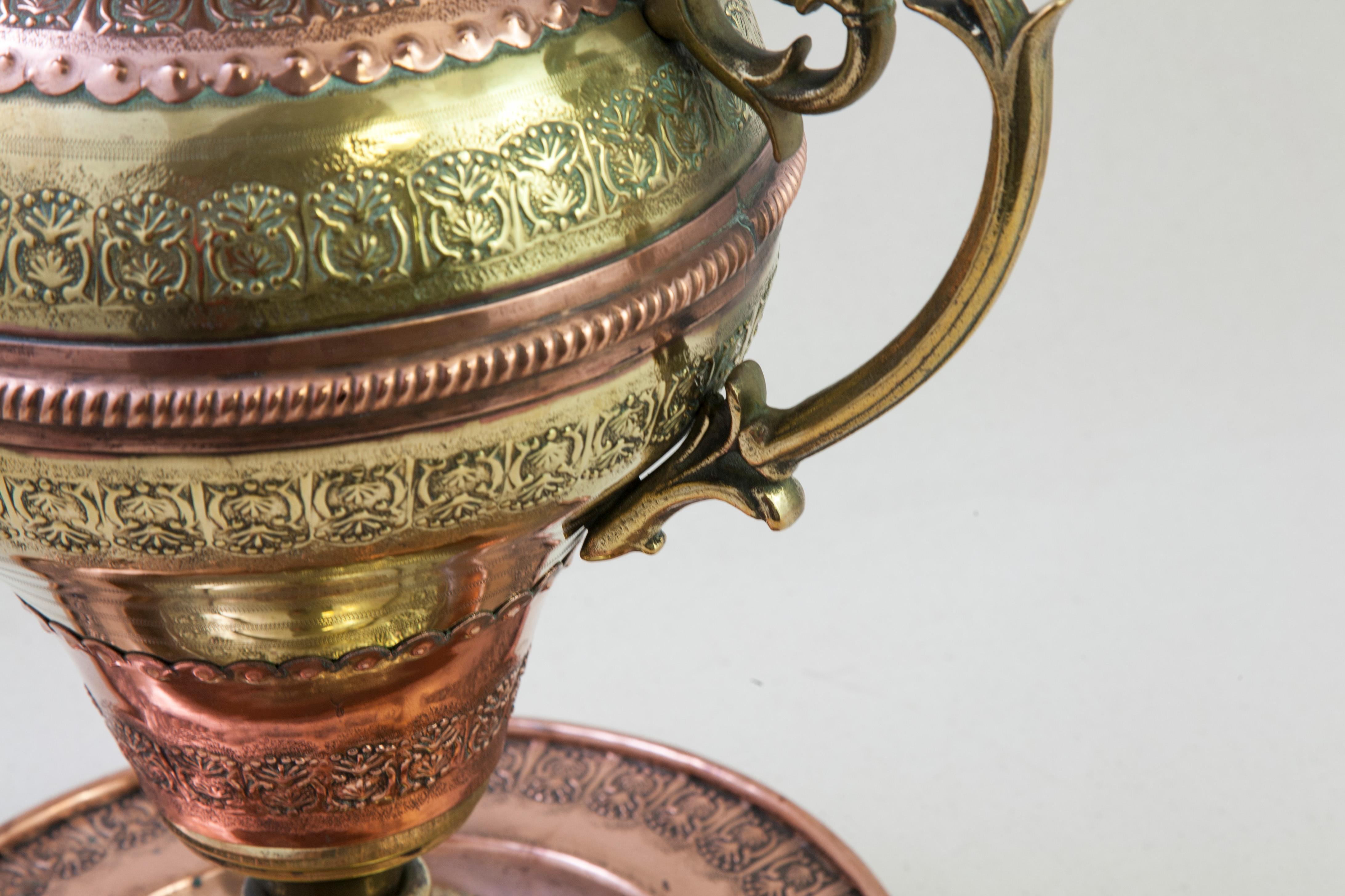 French Copper and Brass Urn or Vase with Original Platter Marked Villedieu For Sale 1