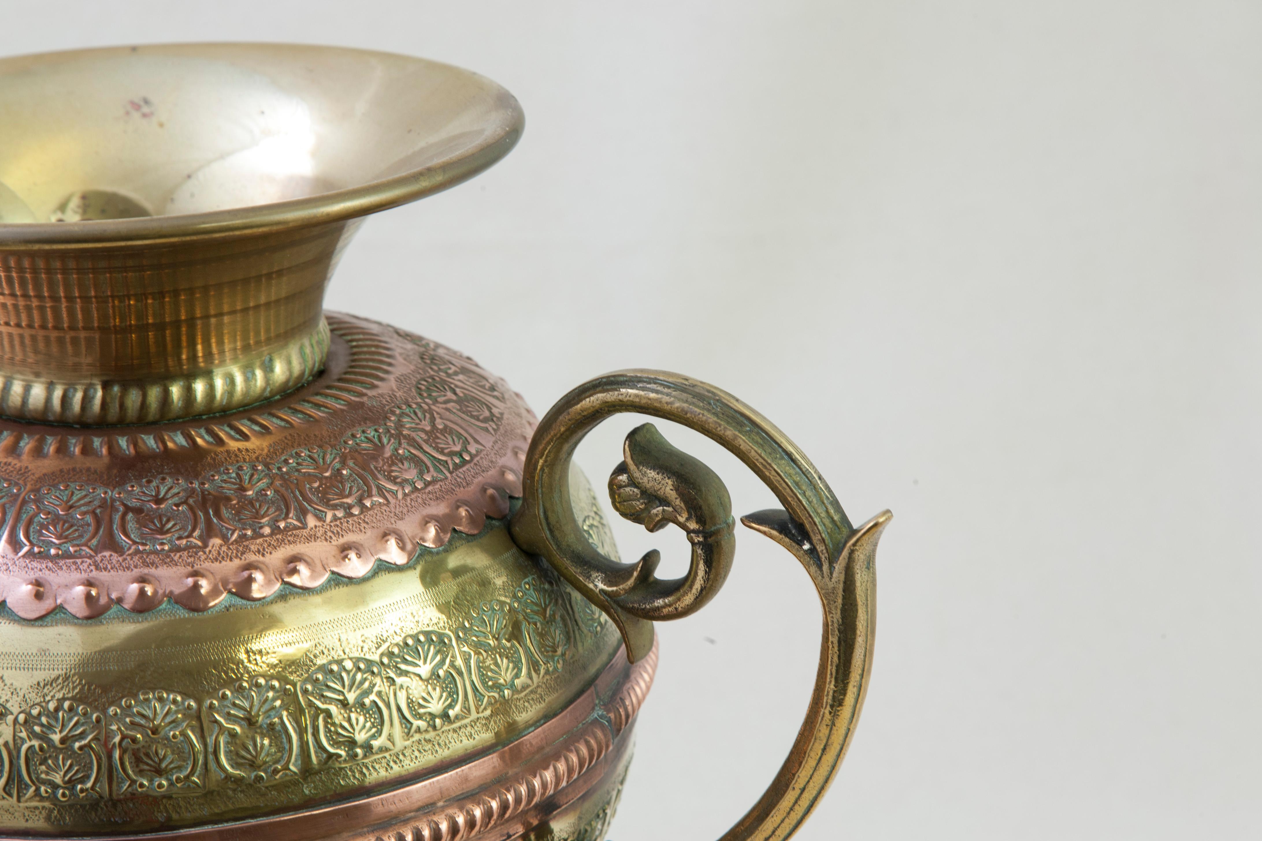French Copper and Brass Urn or Vase with Original Platter Marked Villedieu For Sale 2