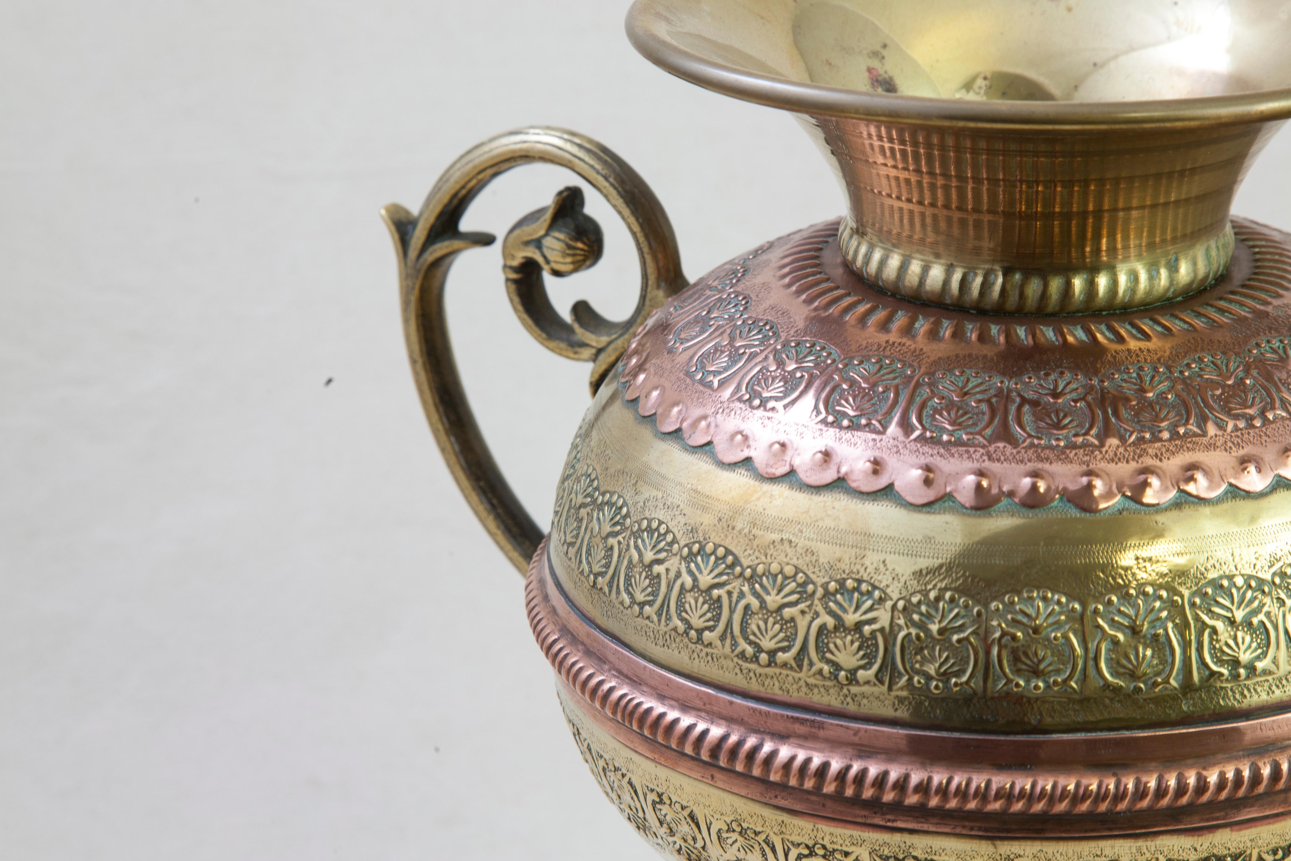 French Copper and Brass Urn or Vase with Original Platter Marked Villedieu For Sale 3