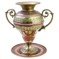 French Copper and Brass Urn or Vase with Original Platter Marked Villedieu