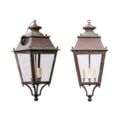Used French Copper and Glass Four-Light Lanterns with Spheres, US Wired and Sold Each