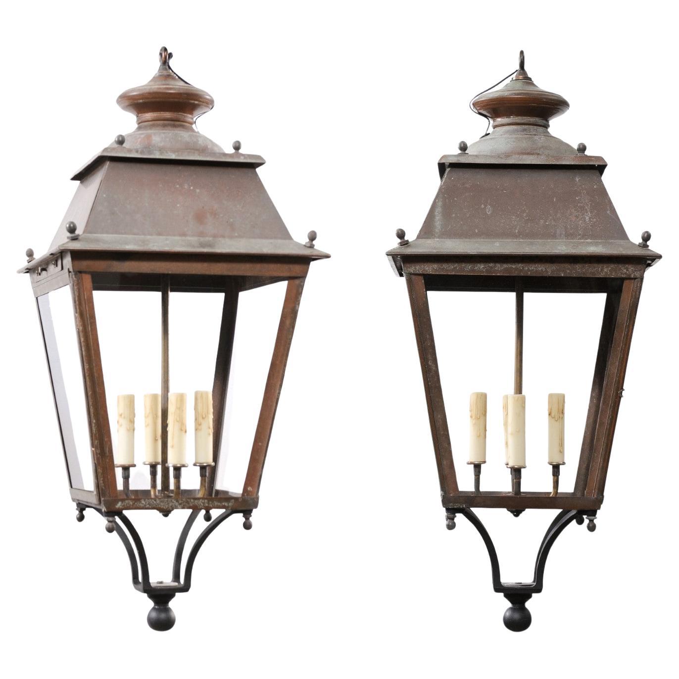 French Copper and Glass Tapering Four-Light Lanterns with Spheres, Sold Each For Sale