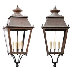 French Copper and Glass Tapering Four-Light Lanterns with Spheres, Sold Each