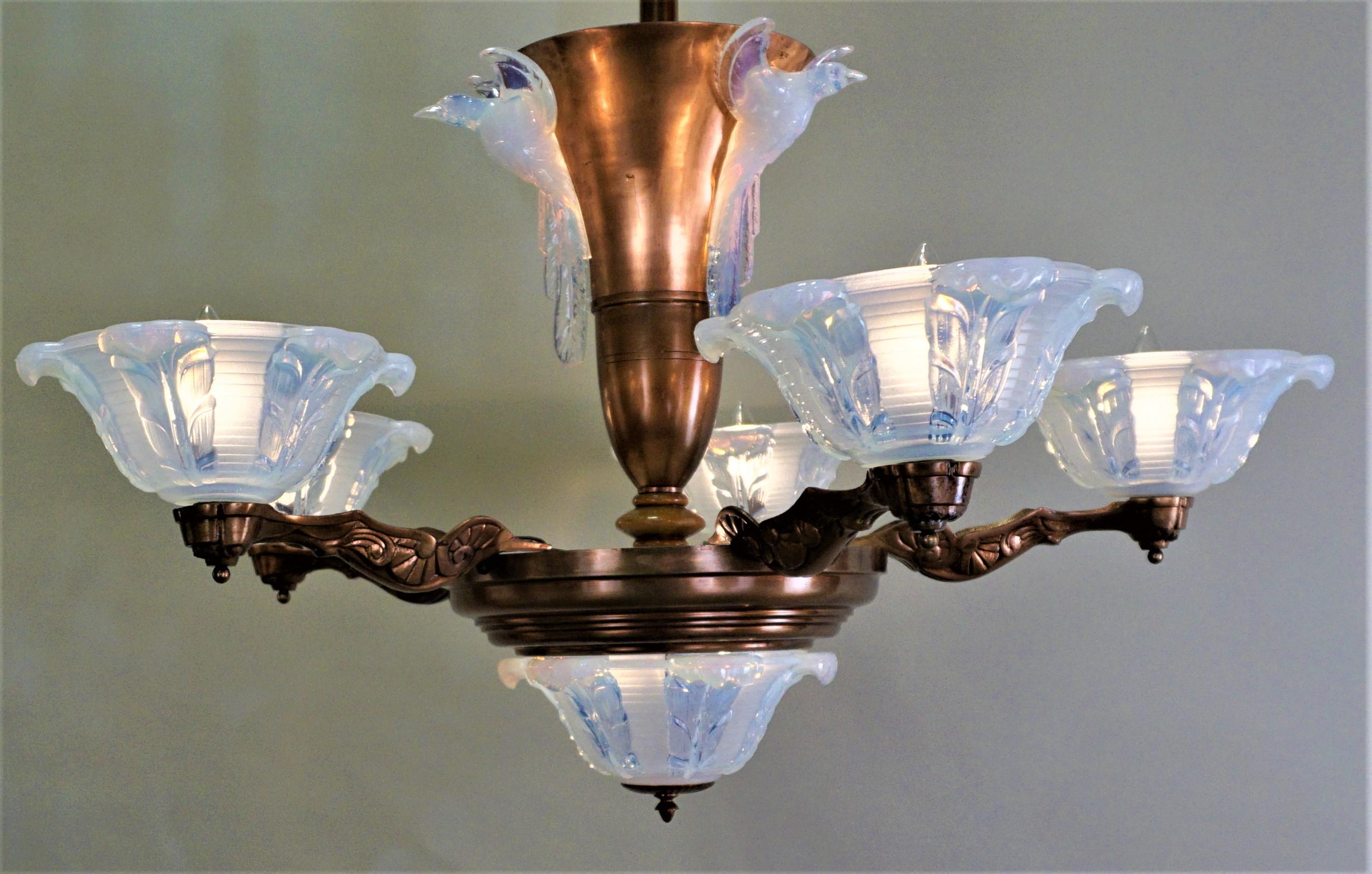 1930s feather design opaline glass shade and copper plate chandelier.