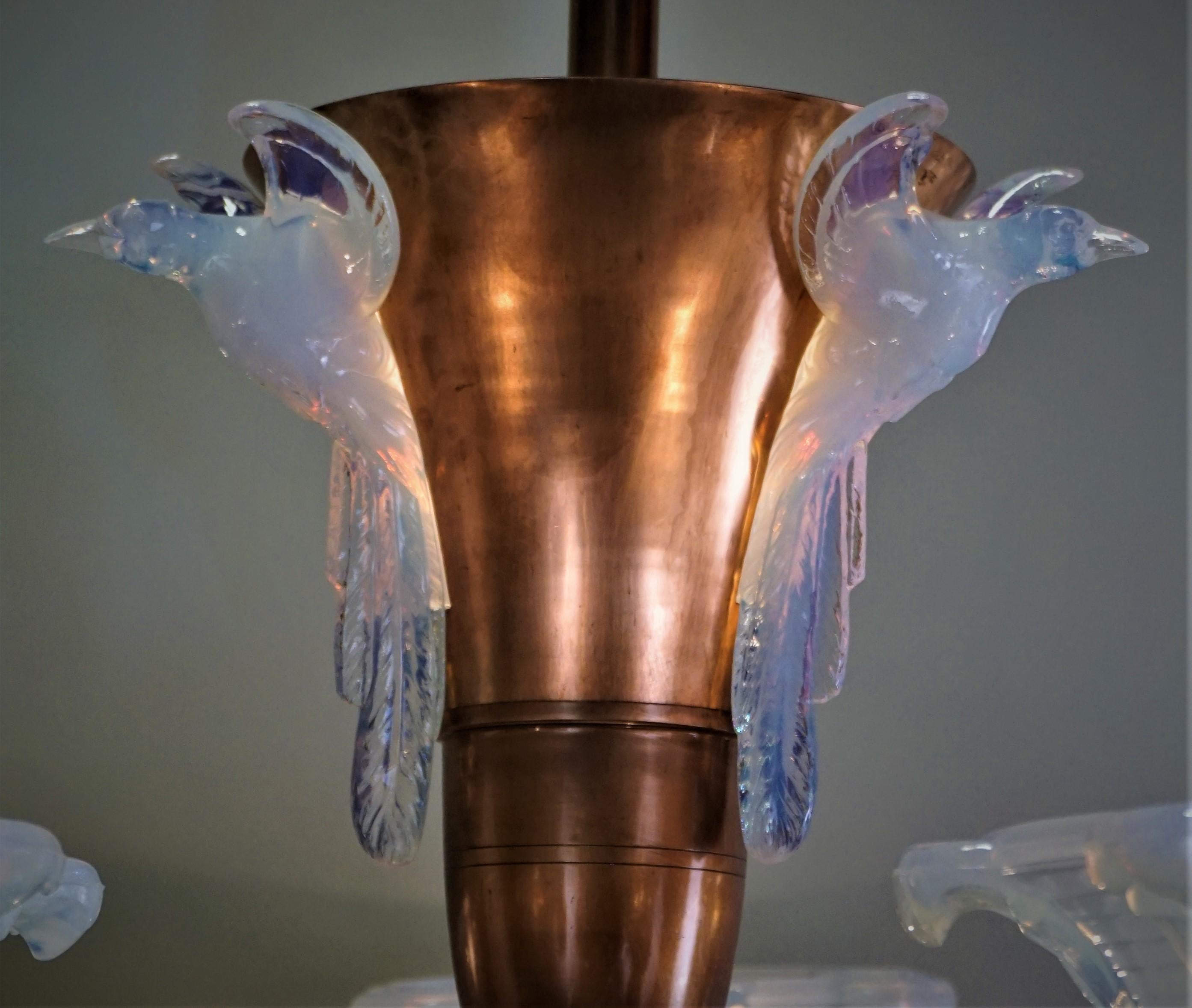 Plated French Copper and Opalescent Glass Art Deco Chandelier by Ezan
