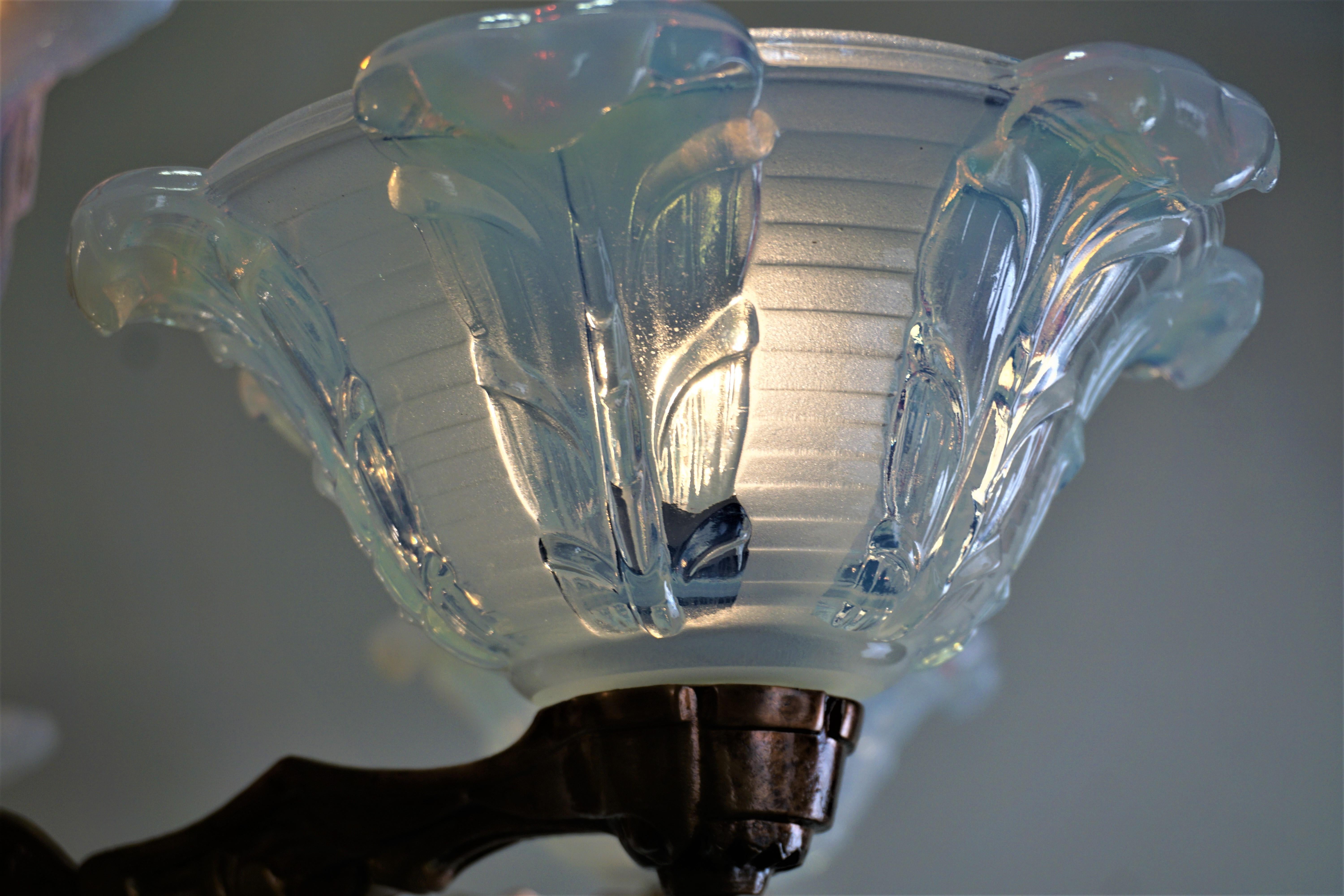 Mid-20th Century French Copper and Opalescent Glass Art Deco Chandelier by Ezan
