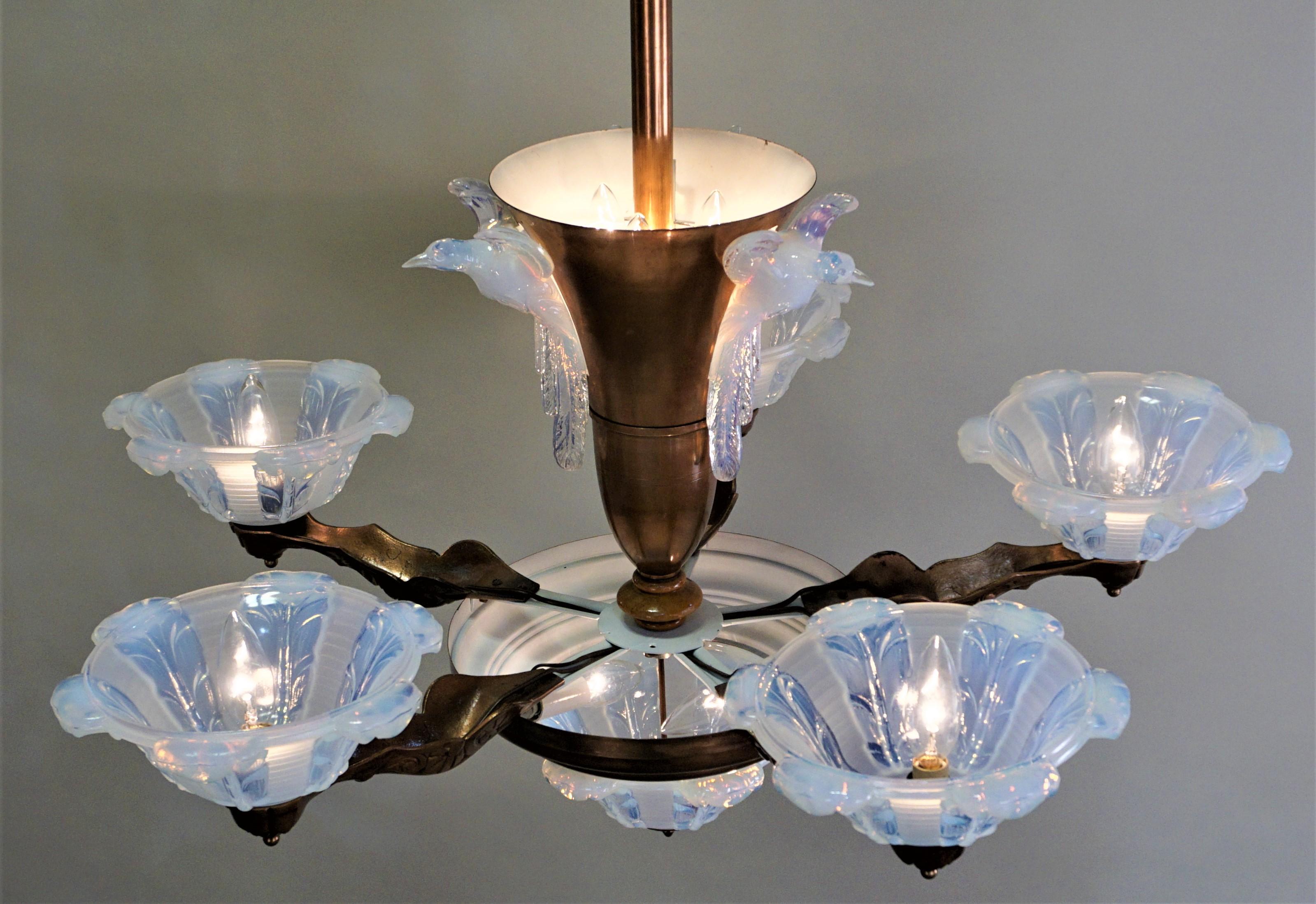 French Copper and Opalescent Glass Art Deco Chandelier by Ezan 1