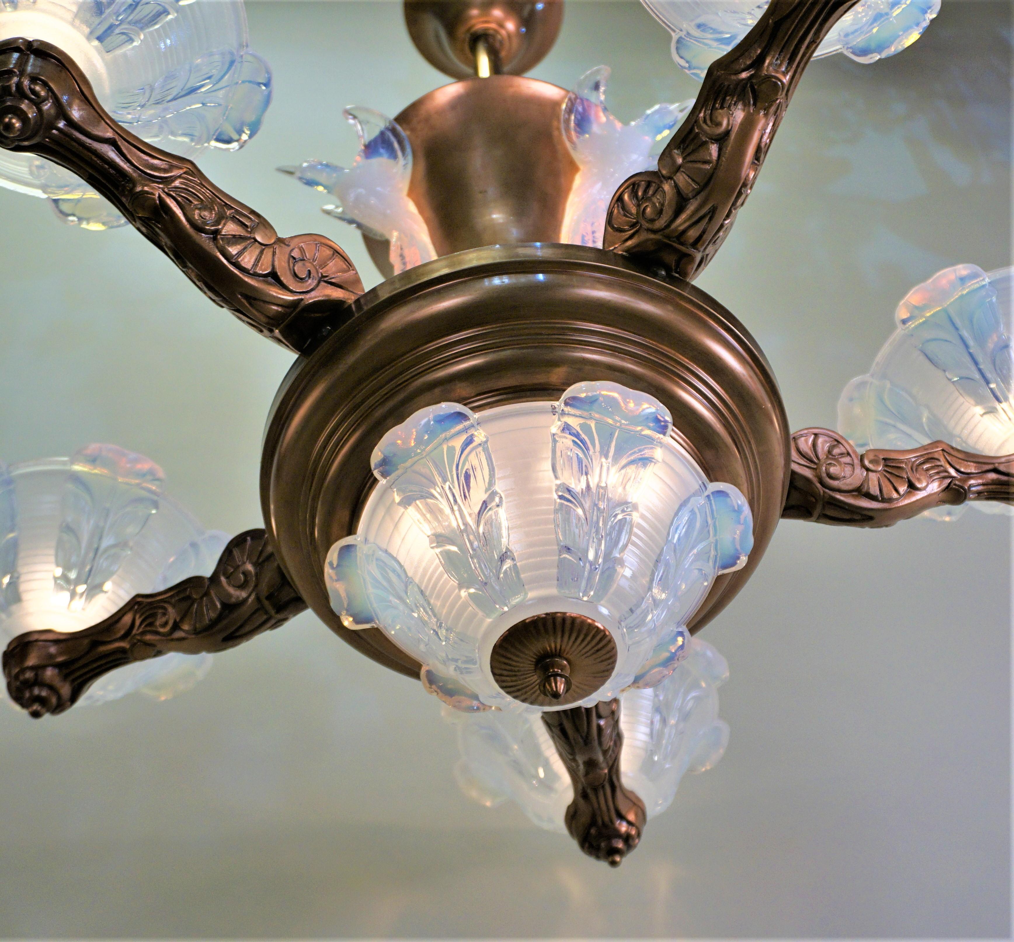 French Copper and Opalescent Glass Art Deco Chandelier by Ezan 2