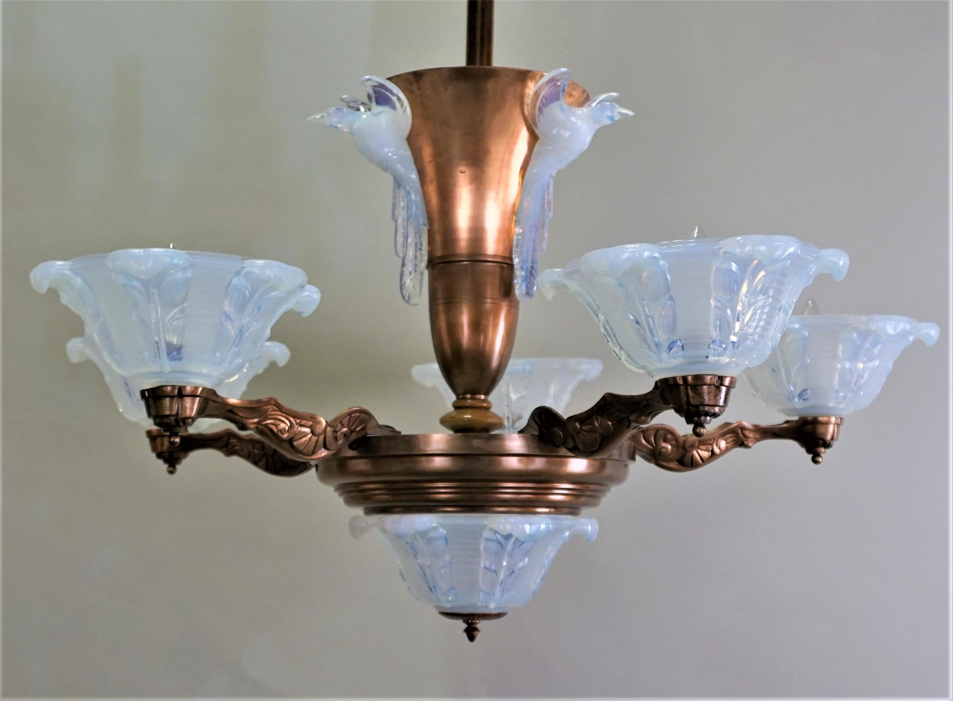 French Copper and Opalescent Glass Art Deco Chandelier by Ezan 3