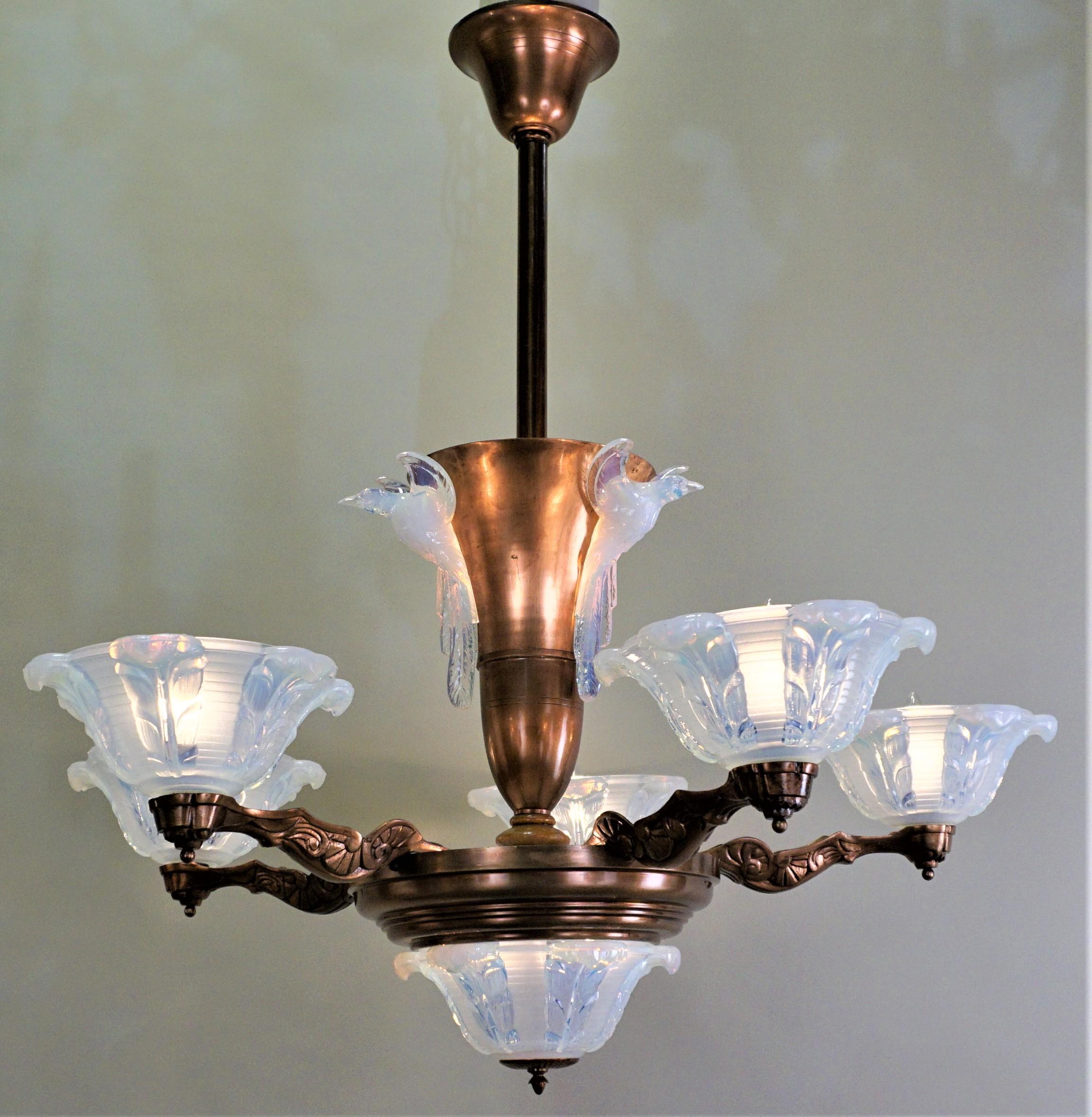 French Copper and Opalescent Glass Art Deco Chandelier by Ezan 4