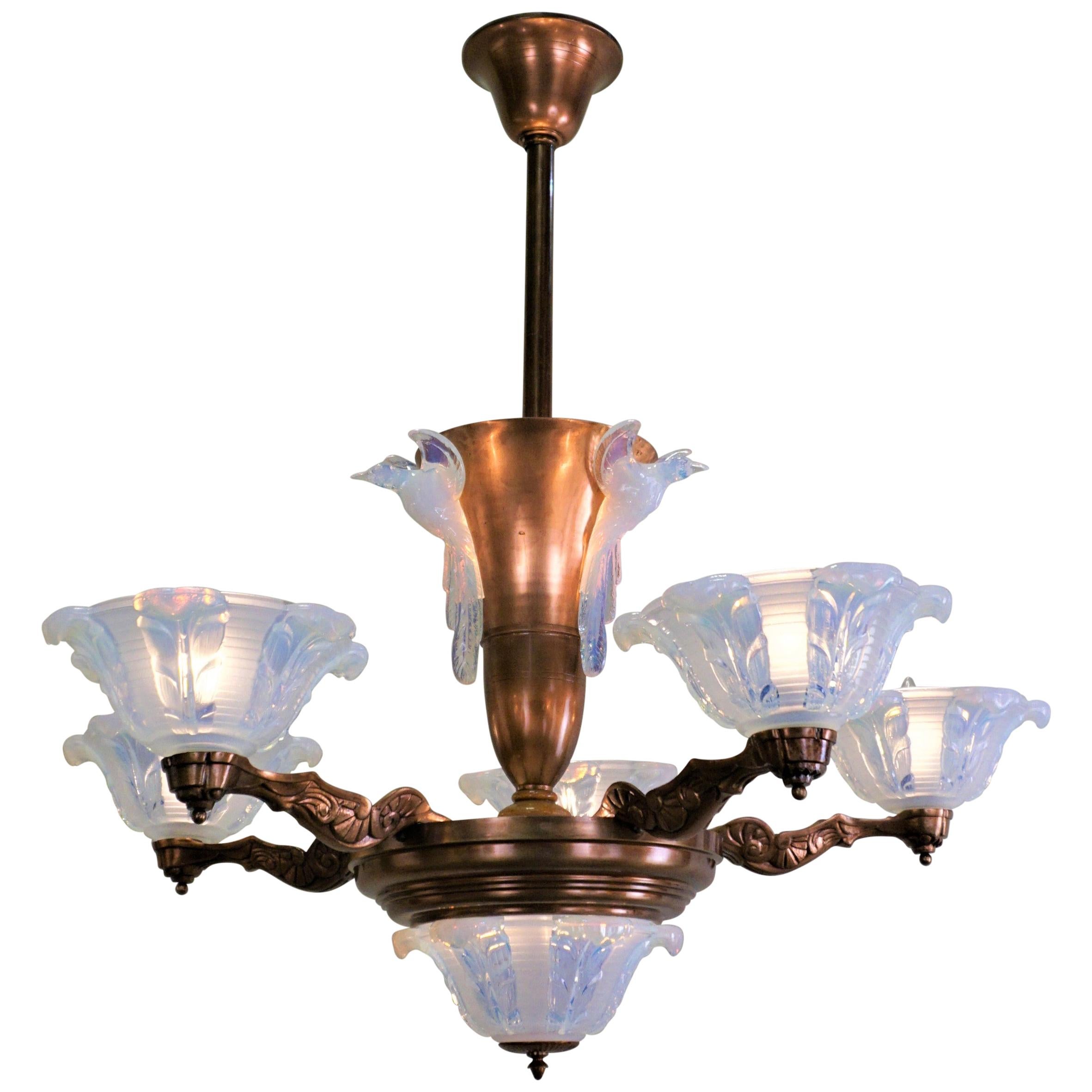 French Copper and Opalescent Glass Art Deco Chandelier by Ezan