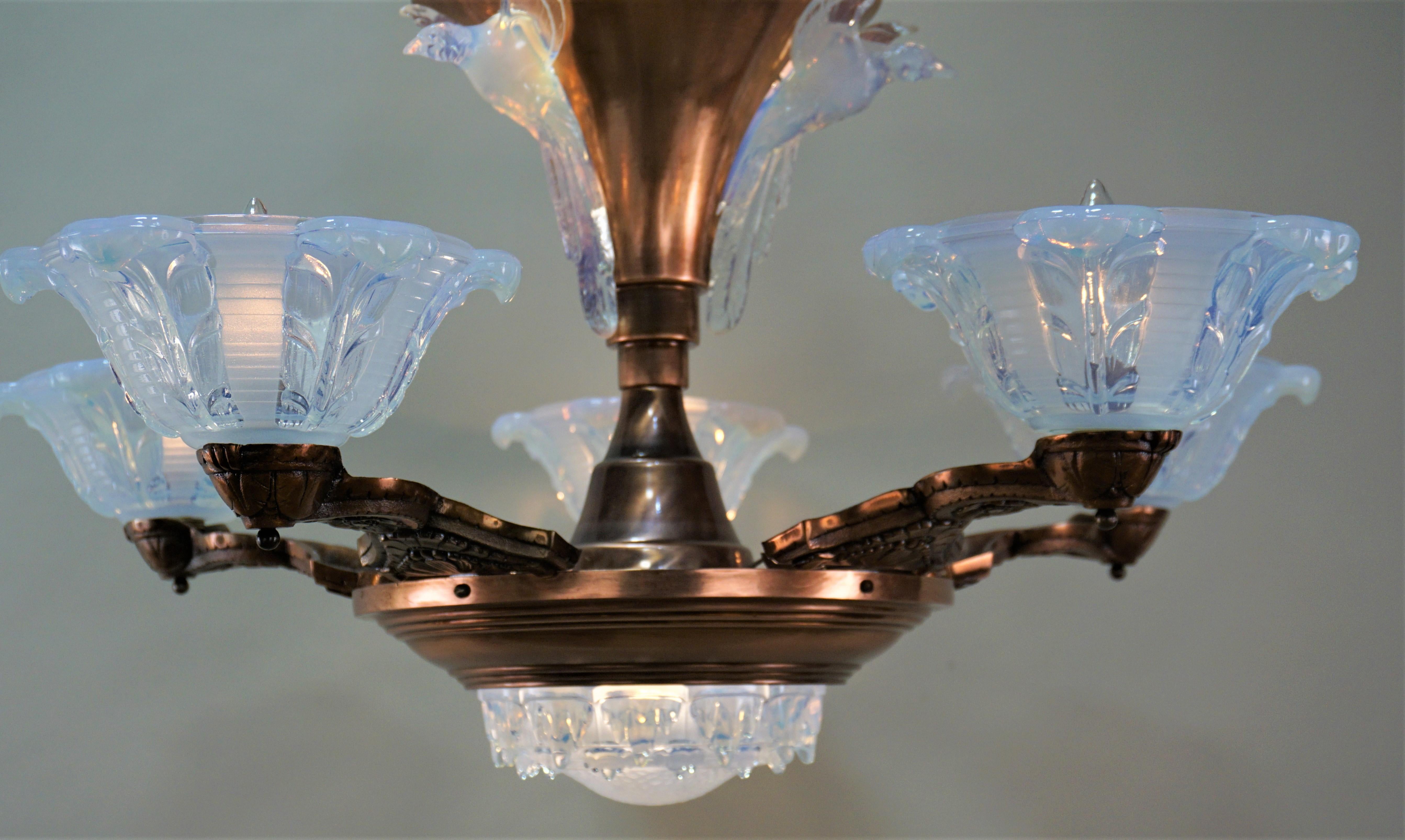 French Copper and Opalescent Glass Chandelier by Ezan 3