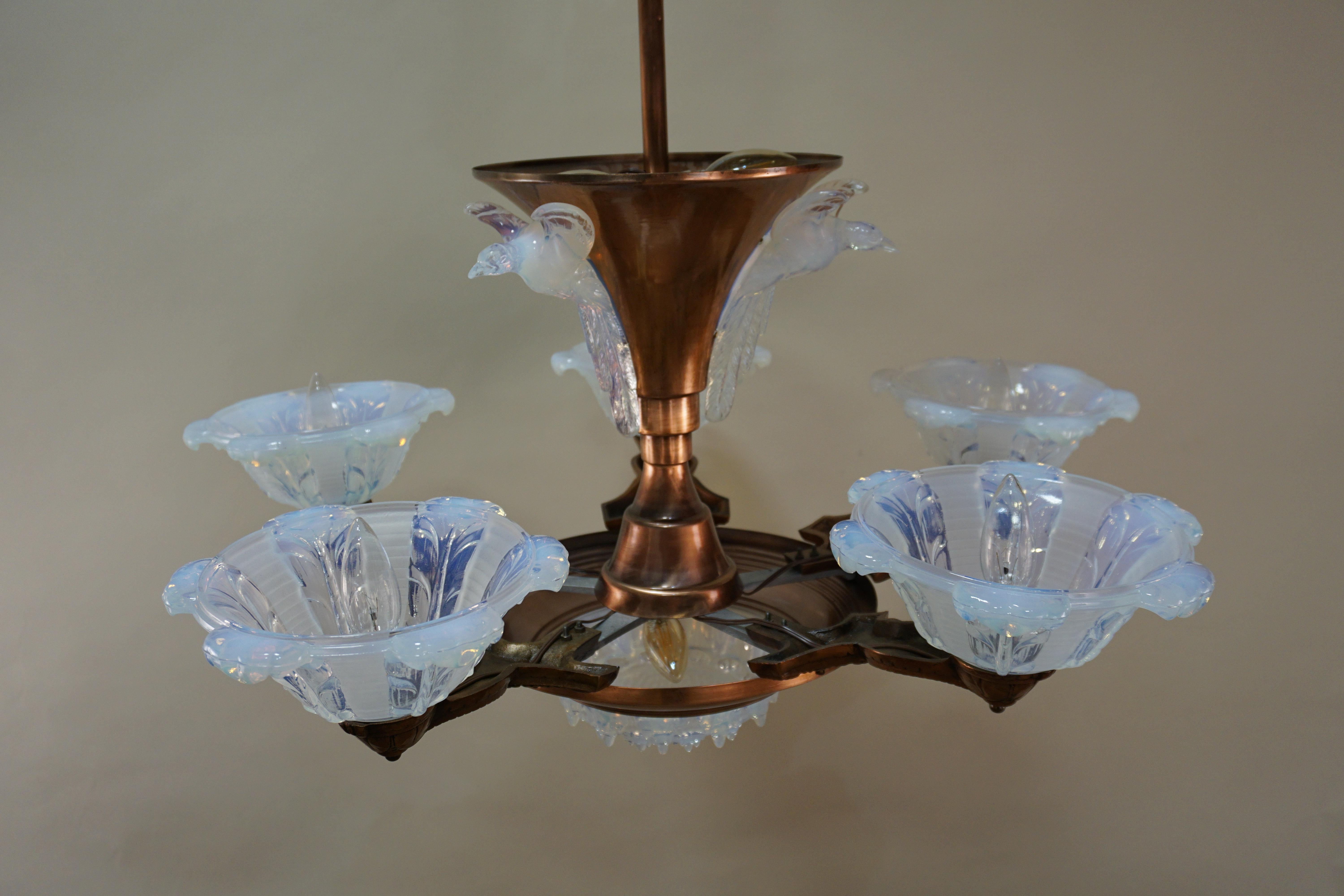 French Copper and Opalescent Glass Chandelier by Ezan 4