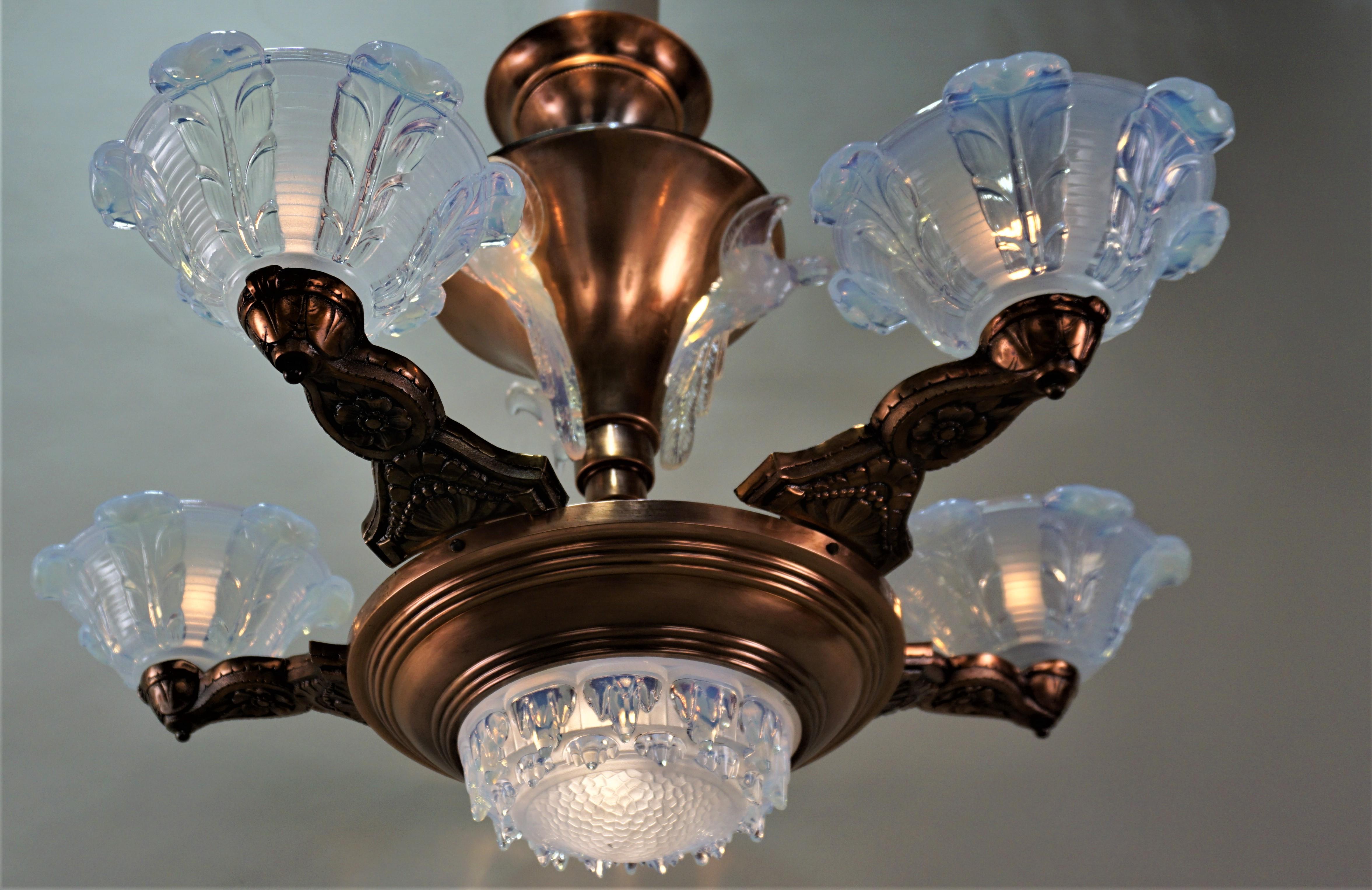 1930s feather design opaline glass shade and copper plate chandelier.