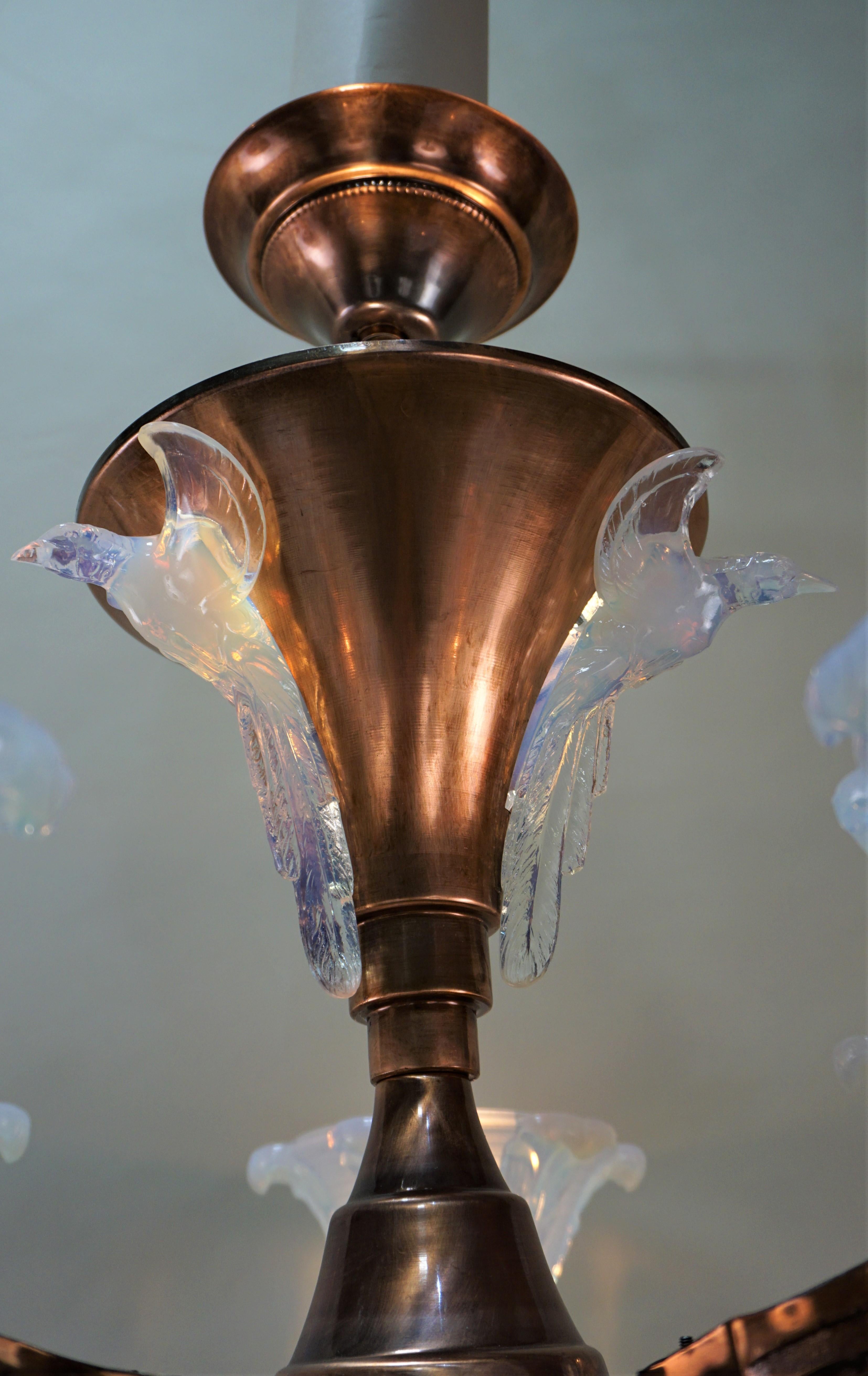 French Copper and Opalescent Glass Chandelier by Ezan In Good Condition In Fairfax, VA