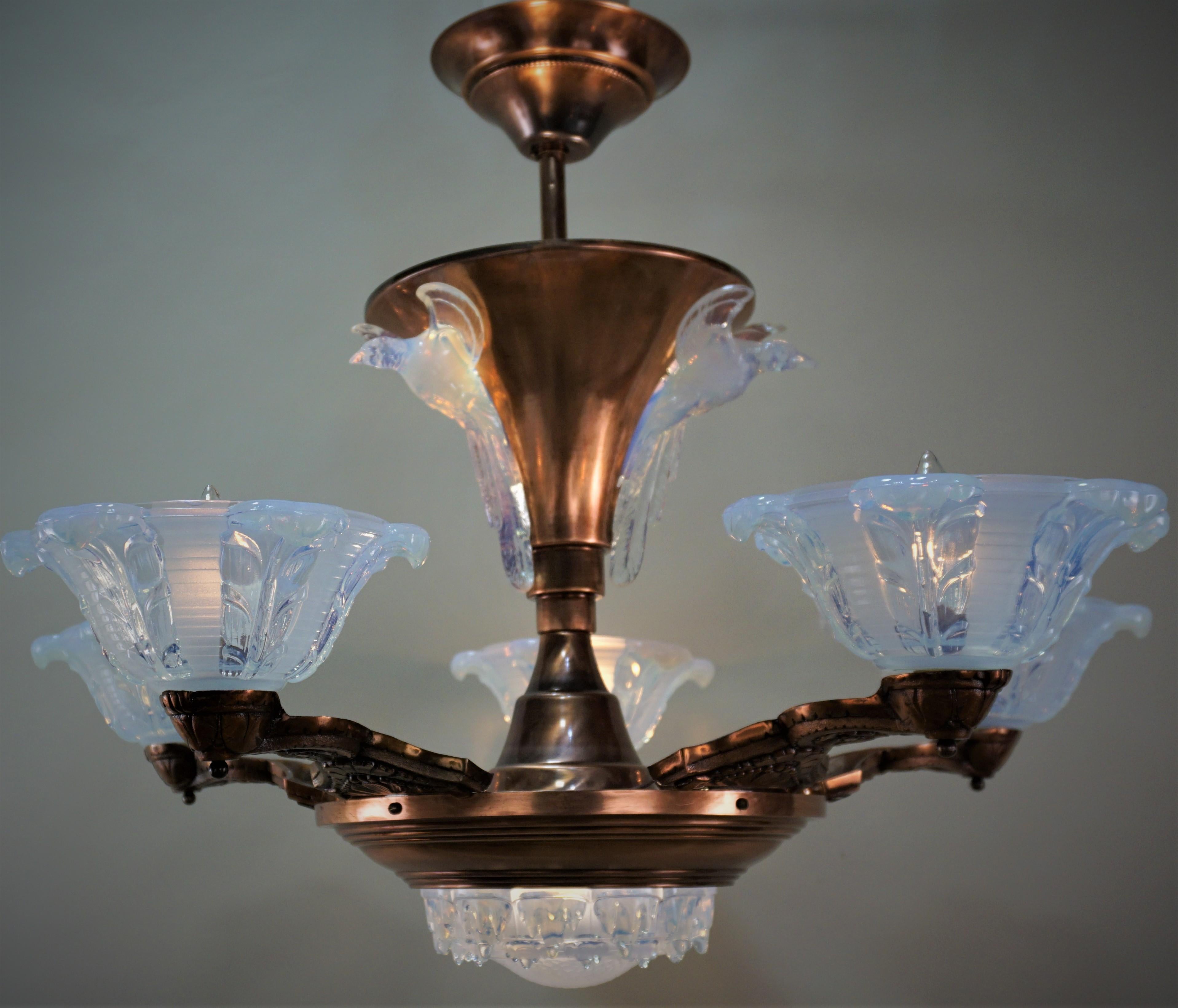 Mid-20th Century French Copper and Opalescent Glass Chandelier by Ezan