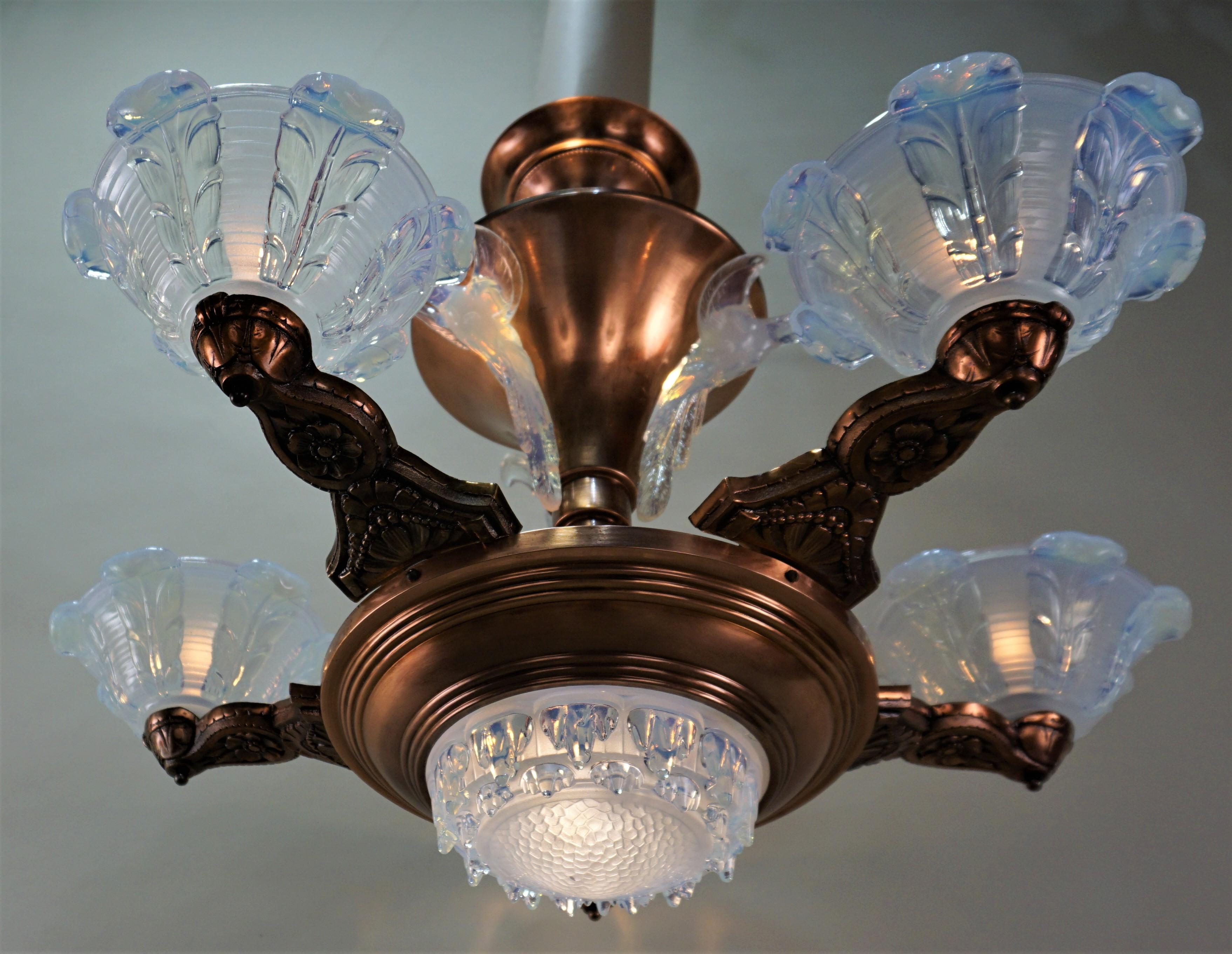French Copper and Opalescent Glass Chandelier by Ezan 1