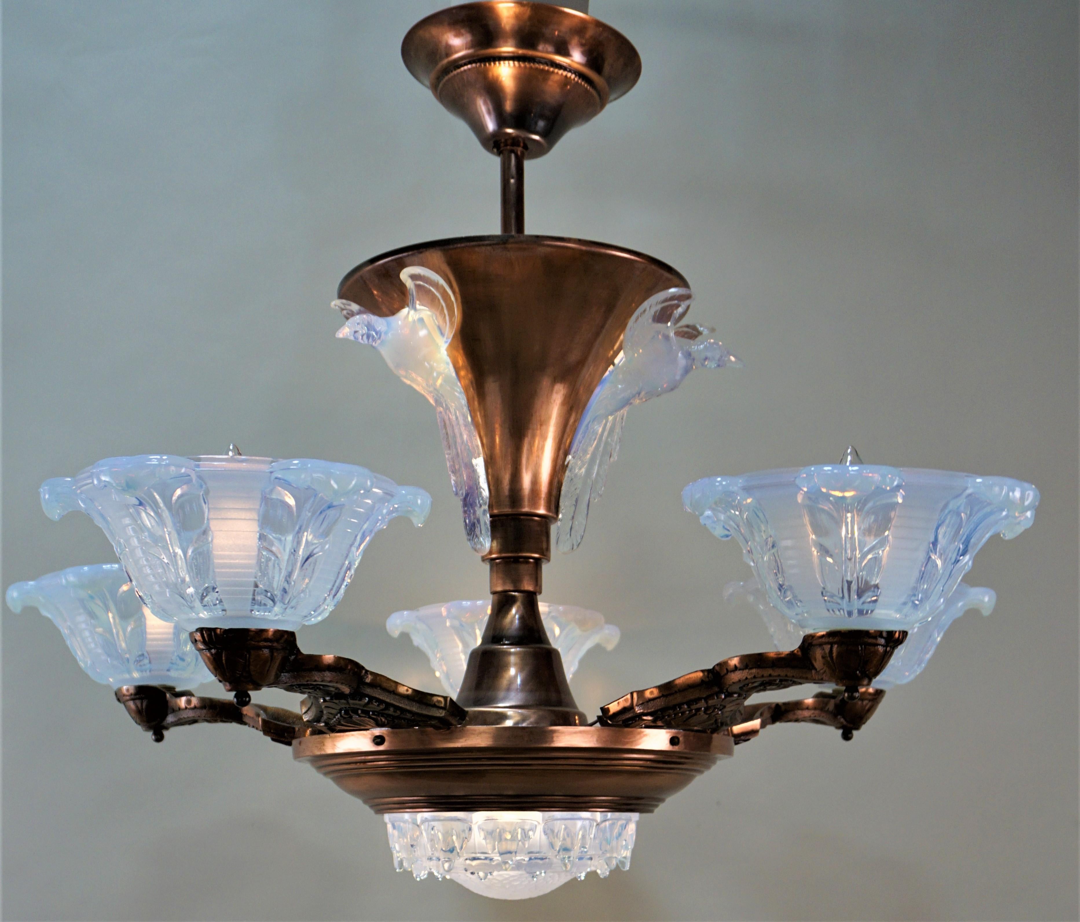 French Copper and Opalescent Glass Chandelier by Ezan 2