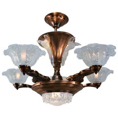 French Copper and Opalescent Glass Chandelier by Ezan