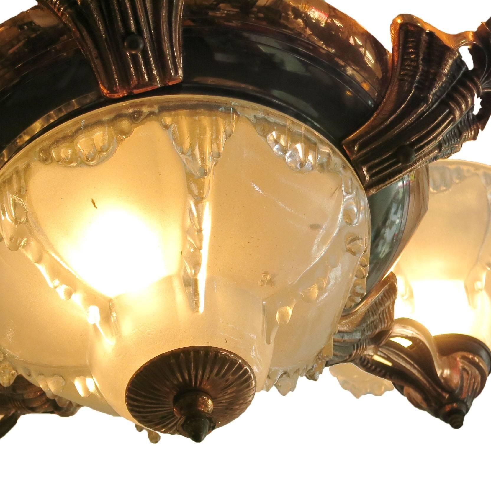French Copper Art Deco Chandelier w/ Frosted Glass Shades by Ezan In Excellent Condition In Van Nuys, CA