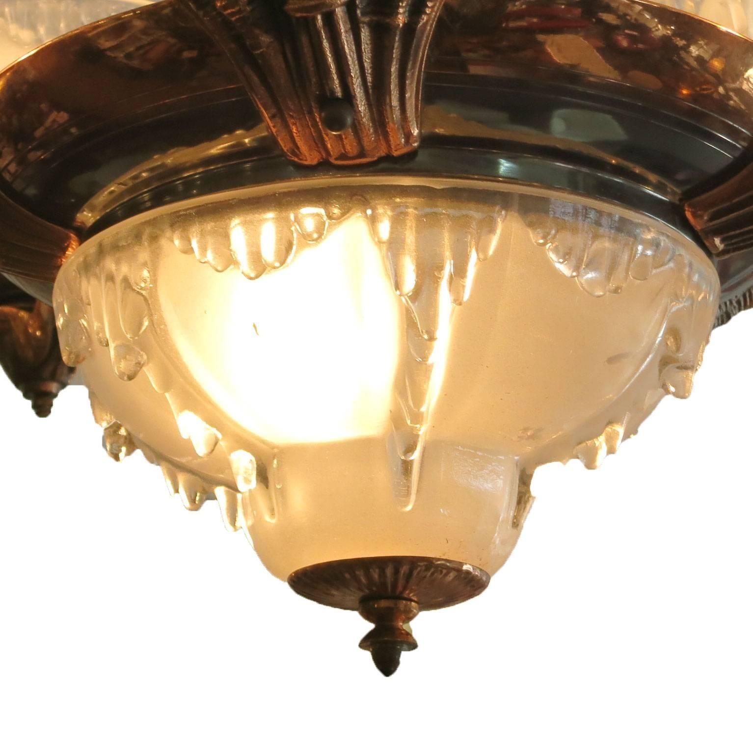 Mid-20th Century French Copper Art Deco Chandelier w/ Frosted Glass Shades by Ezan