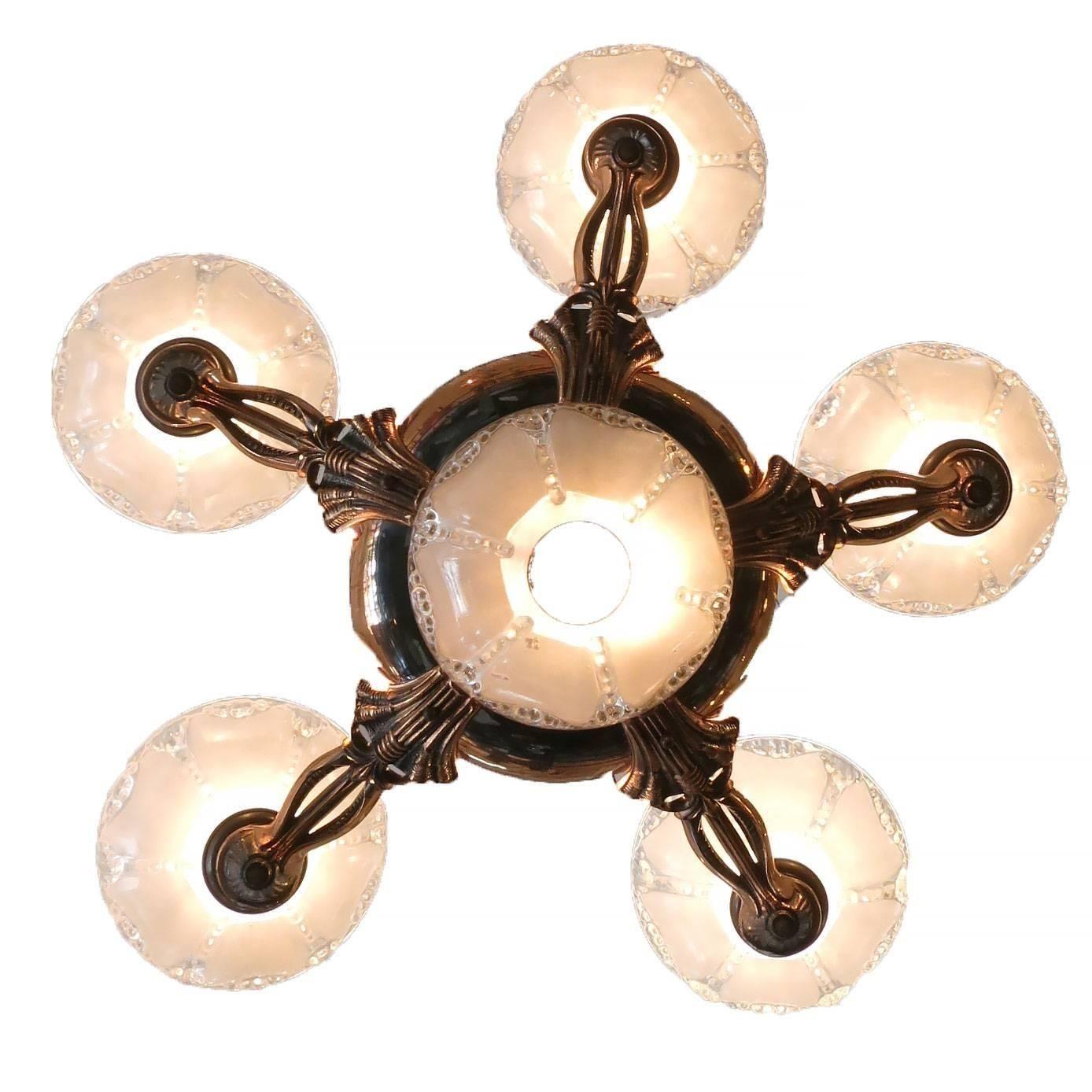 French Copper Art Deco Chandelier w/ Frosted Glass Shades by Ezan 1