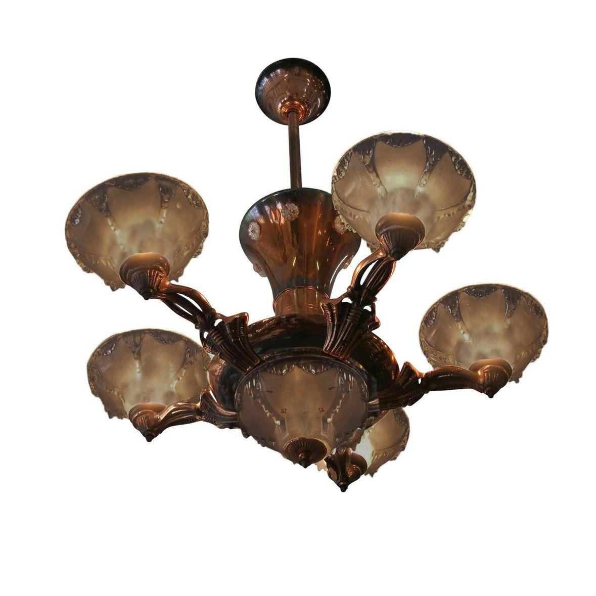 French Copper Art Deco Chandelier w/ Frosted Glass Shades by Ezan 2