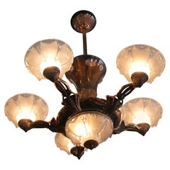 French Copper Art Deco Chandelier w/ Frosted Glass Shades by Ezan
