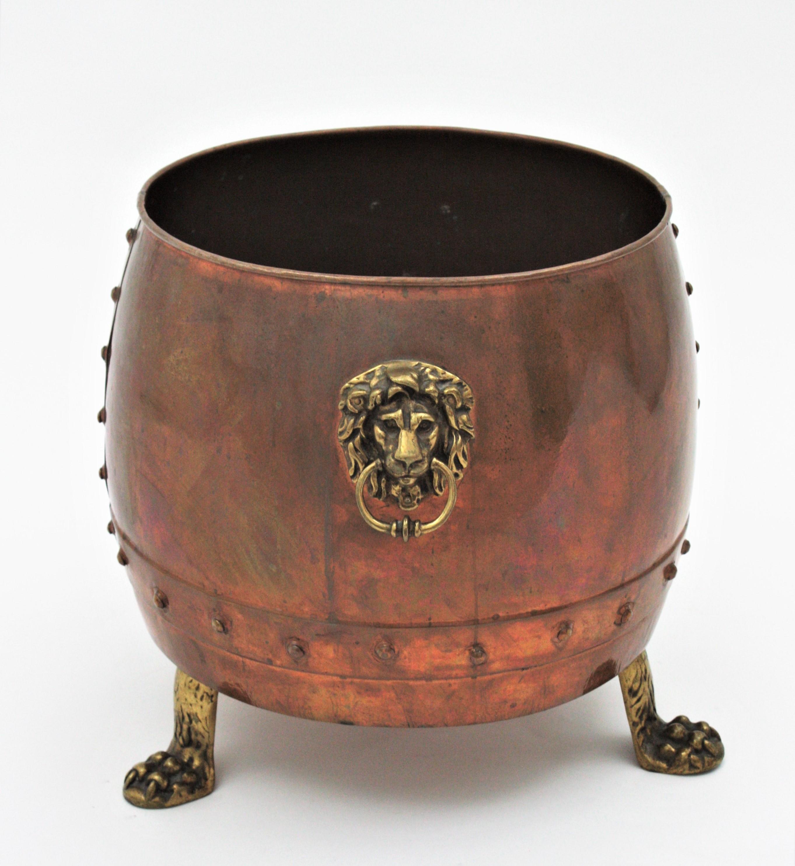 20th Century French Copper Cauldron Champagne Cooler or Planter with Lion Heads