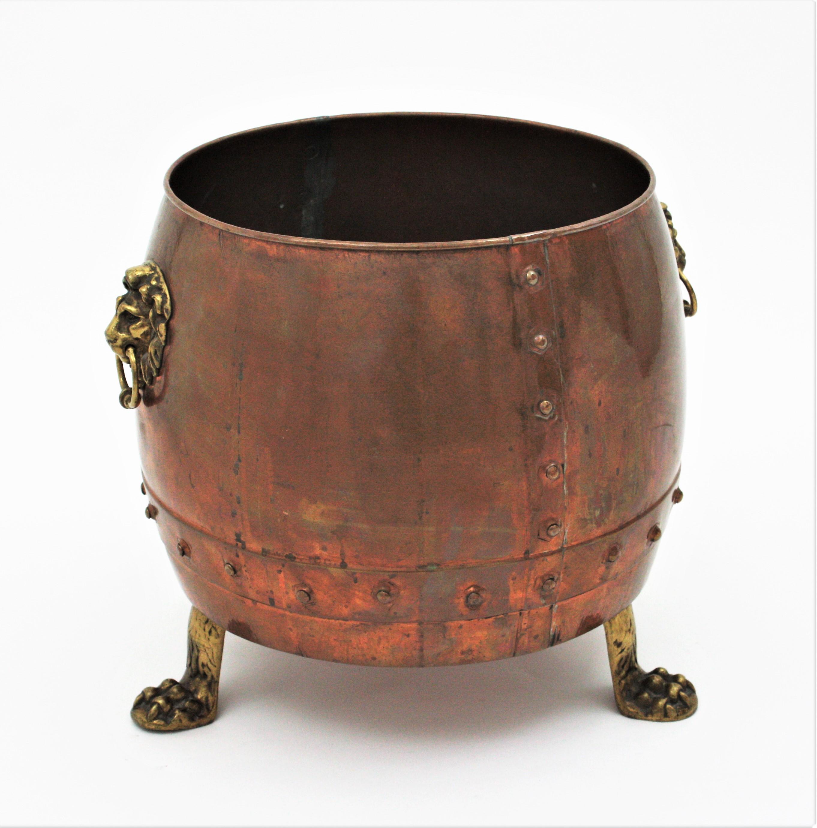 Brass French Copper Cauldron Champagne Cooler or Planter with Lion Heads