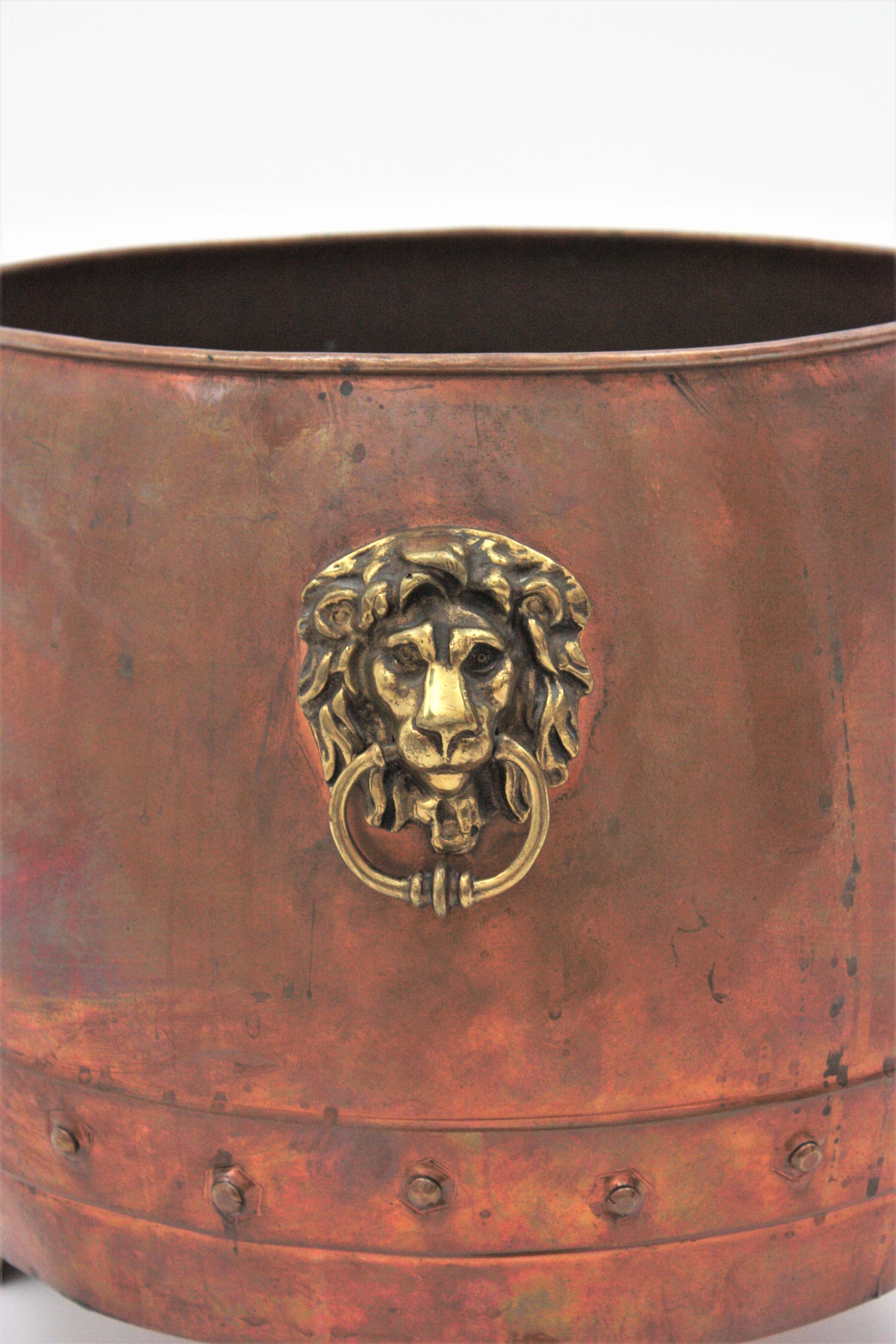 Hand-Crafted French Copper Cauldron Champagne Cooler or Planter with Lion Heads