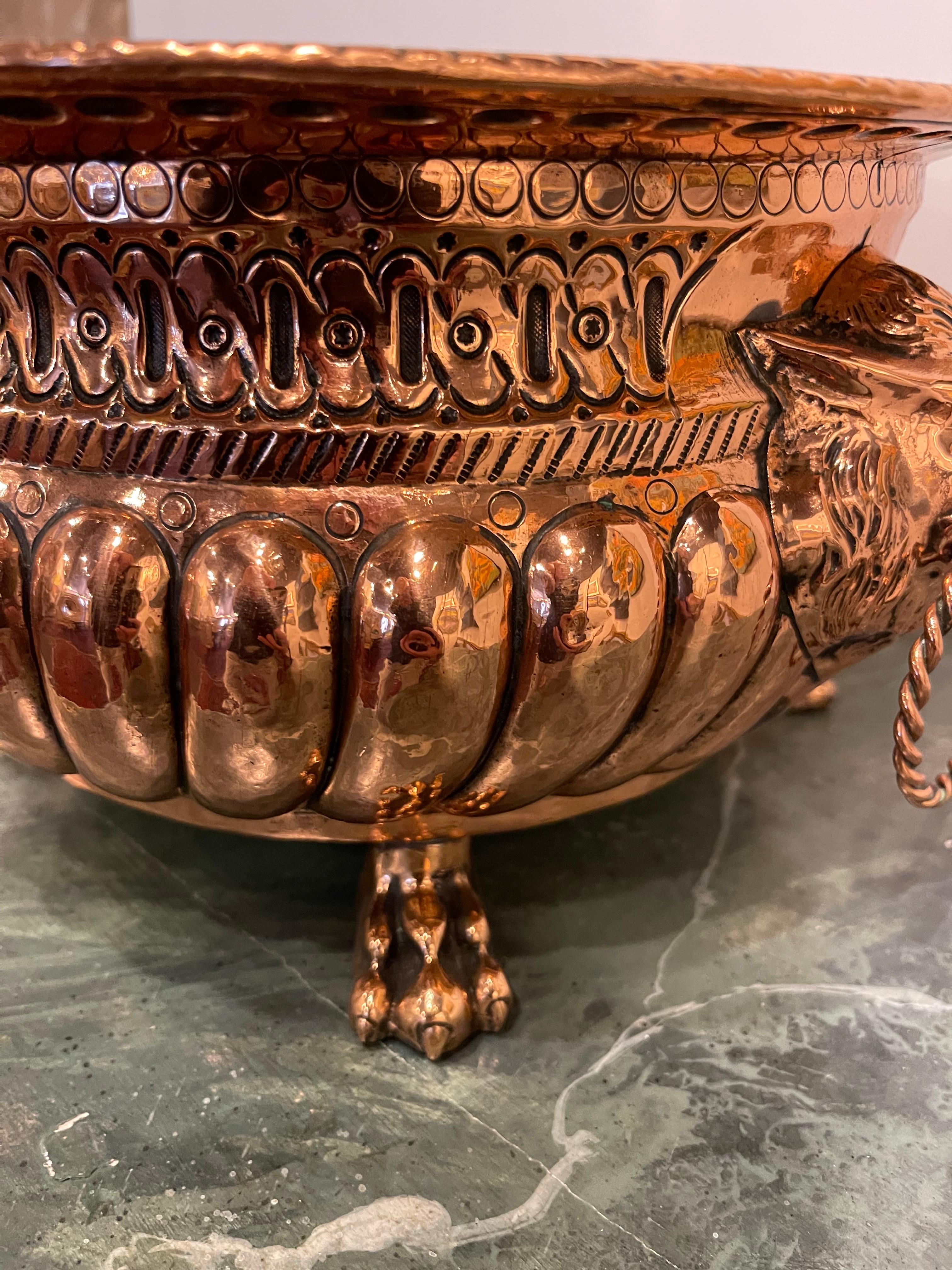 French Copper Jardiniere or Planter with Lion Handles, 19th Century.  Professionally restored, cleaned, and polished in France.  Light coat of lacquer applied