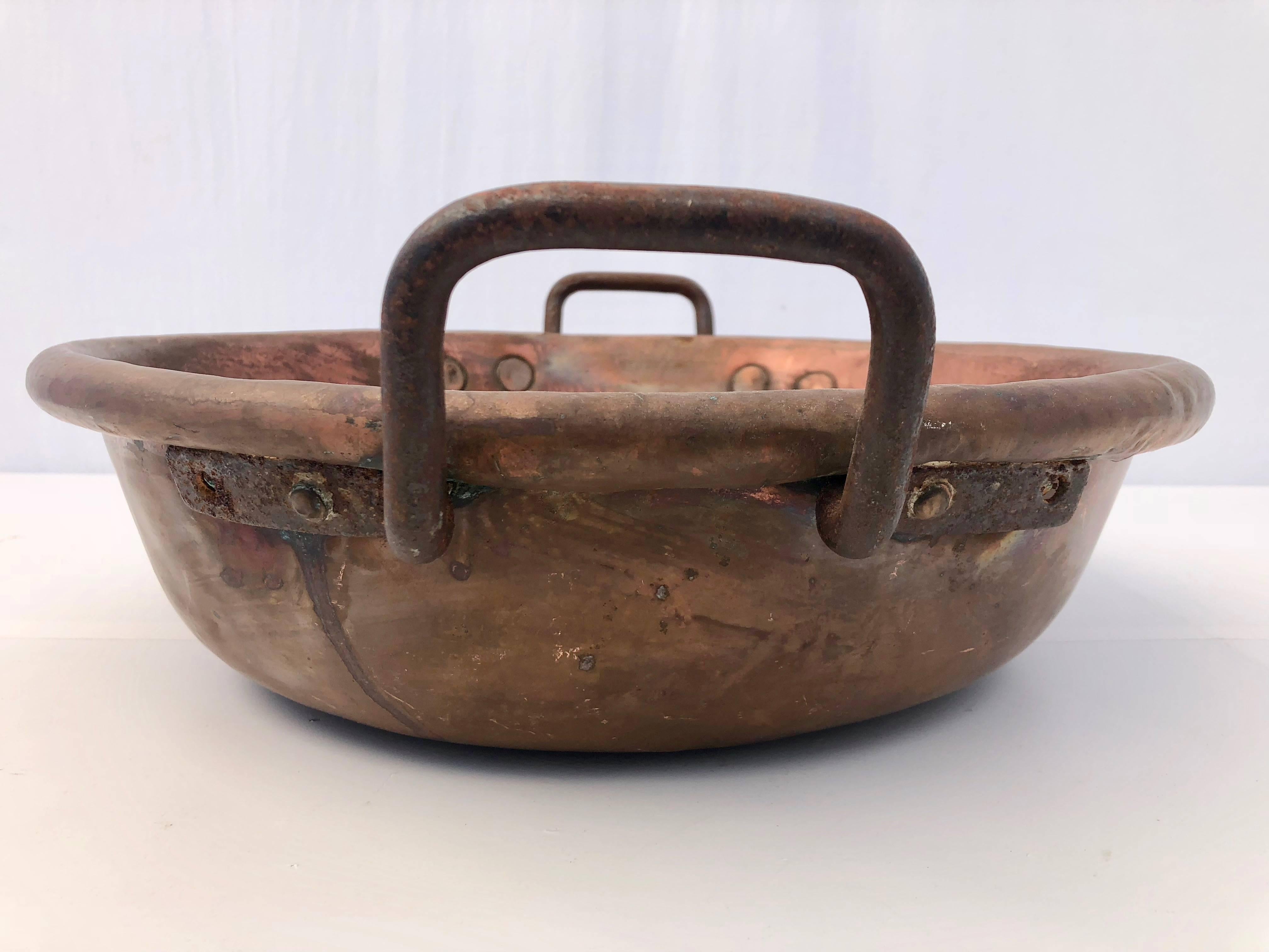 Napoleon III French Copper Preserving Pan/Sugared Almond Pan, Wrought Iron Handles, 1800s For Sale