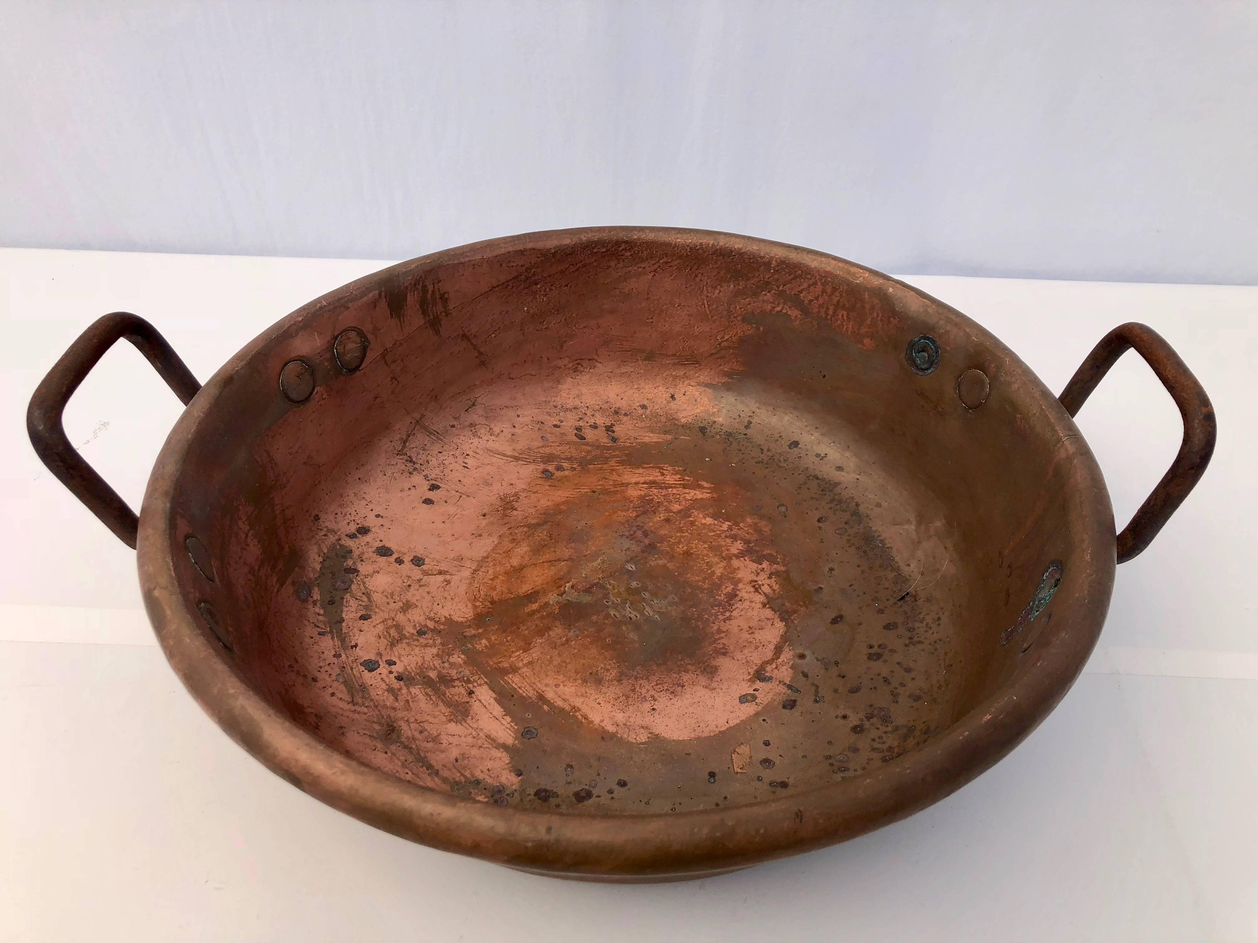 Repoussé French Copper Preserving Pan/Sugared Almond Pan, Wrought Iron Handles, 1800s For Sale