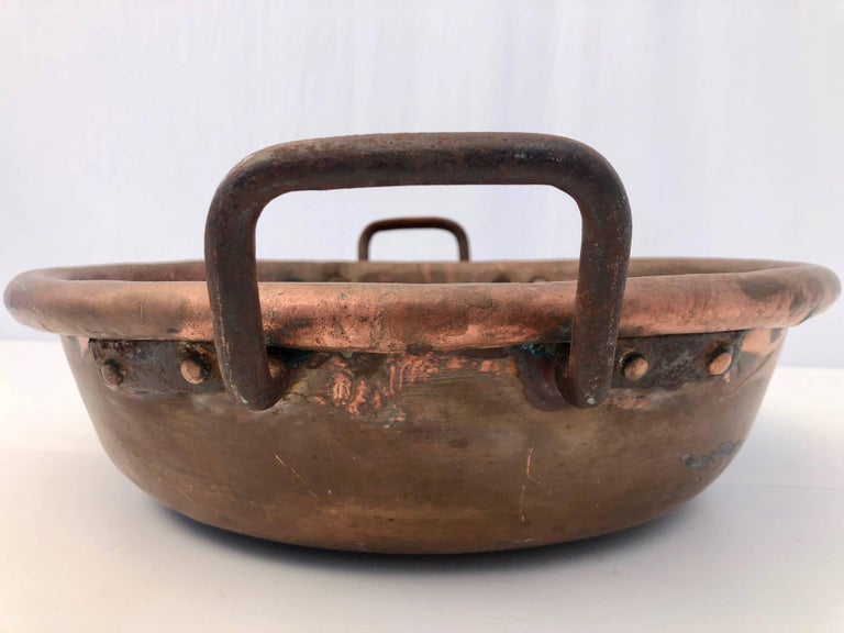 French Copper Preserving Pan/Sugared Almond Pan, Wrought Iron Handles, 1800s In Good Condition For Sale In Petaluma, CA