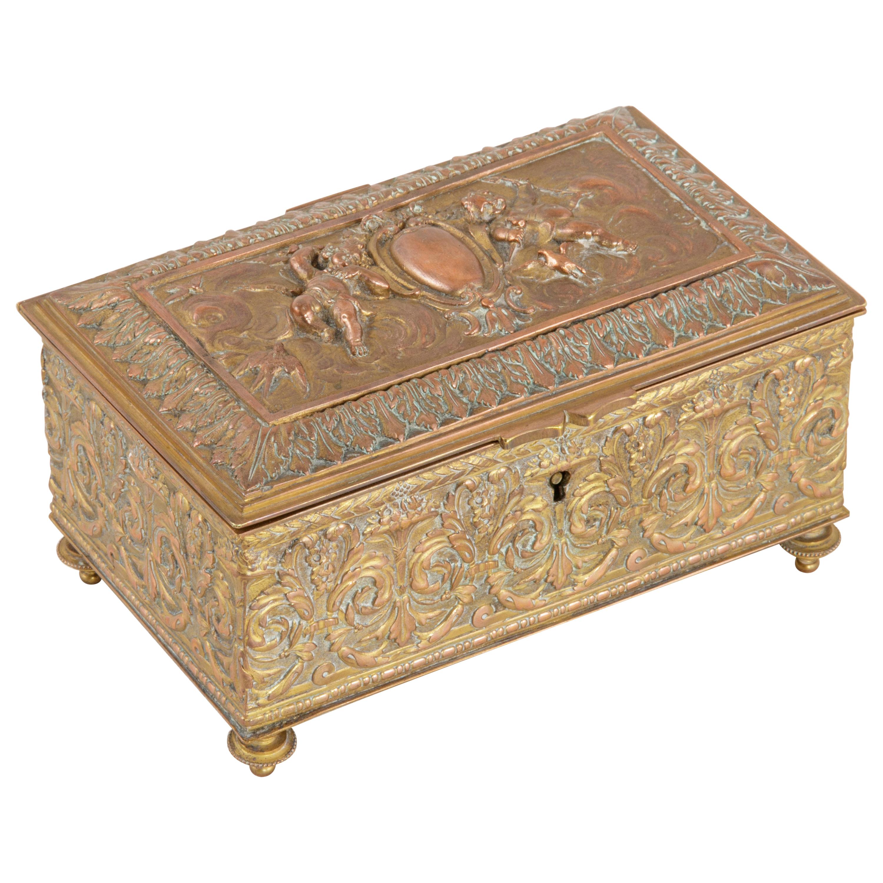 French Copper Repousse Box with Lid, Cherubs and Floral Motif, circa 1900