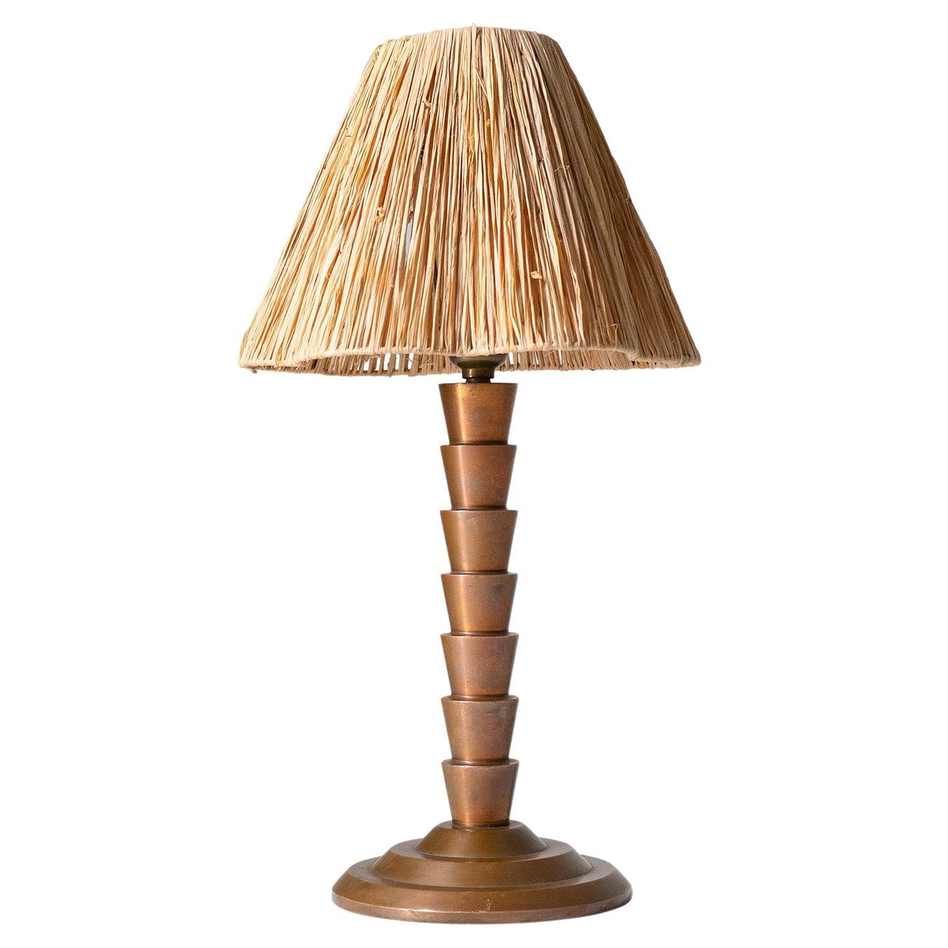 French Copper Table Lamp, Circa 1960, Raffia Shade