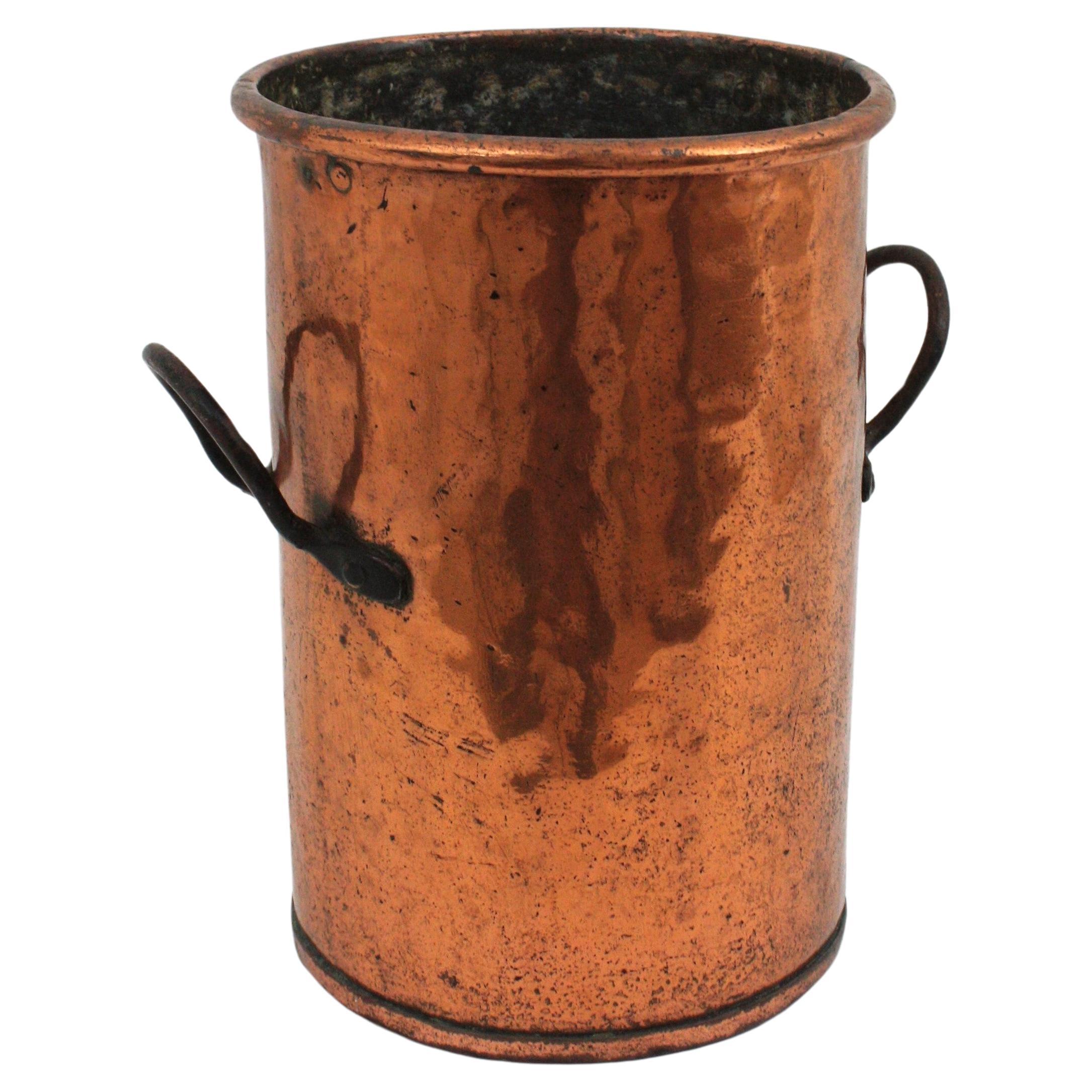 Cuivre Grand chaudron ou jardinière français en cuivre avec poignées en vente