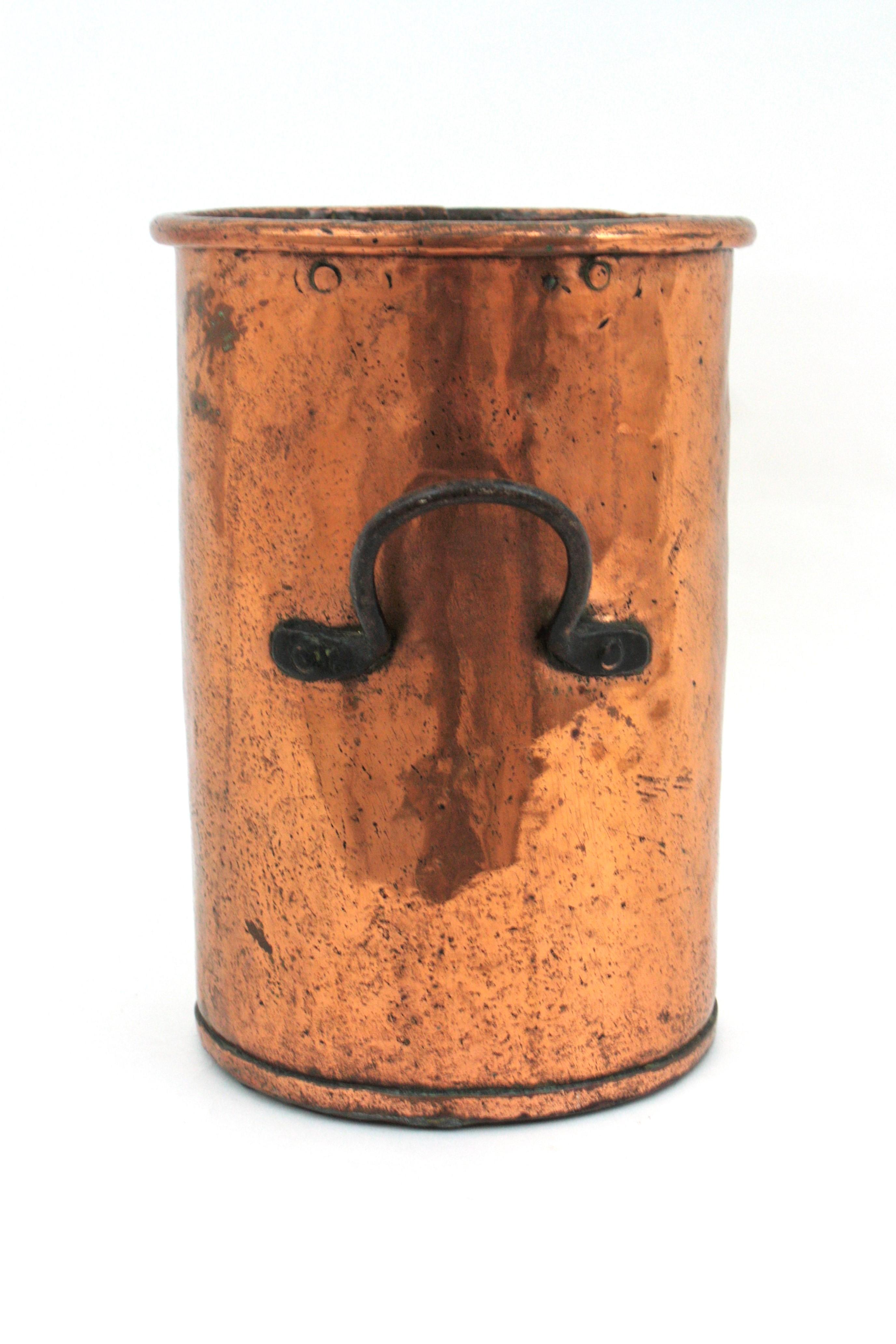 Hammered French Copper Tall Cauldron or Planter with Handles  For Sale