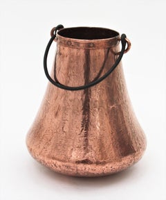 Grand chaudron ou jardinière en cuivre français avec anse en fer