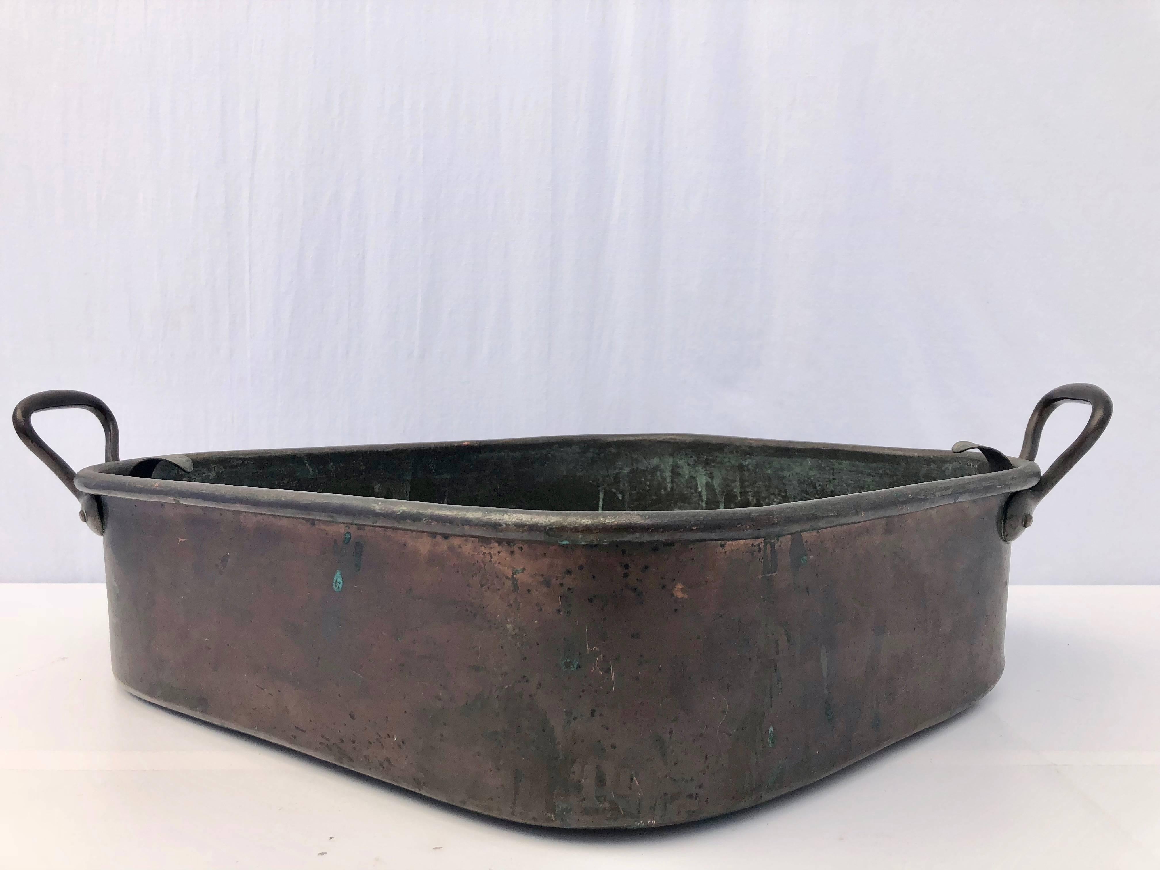 Repoussé French Copper Turbot Cooker Pan, Wrought Iron Handles with Strainer, 1700s For Sale