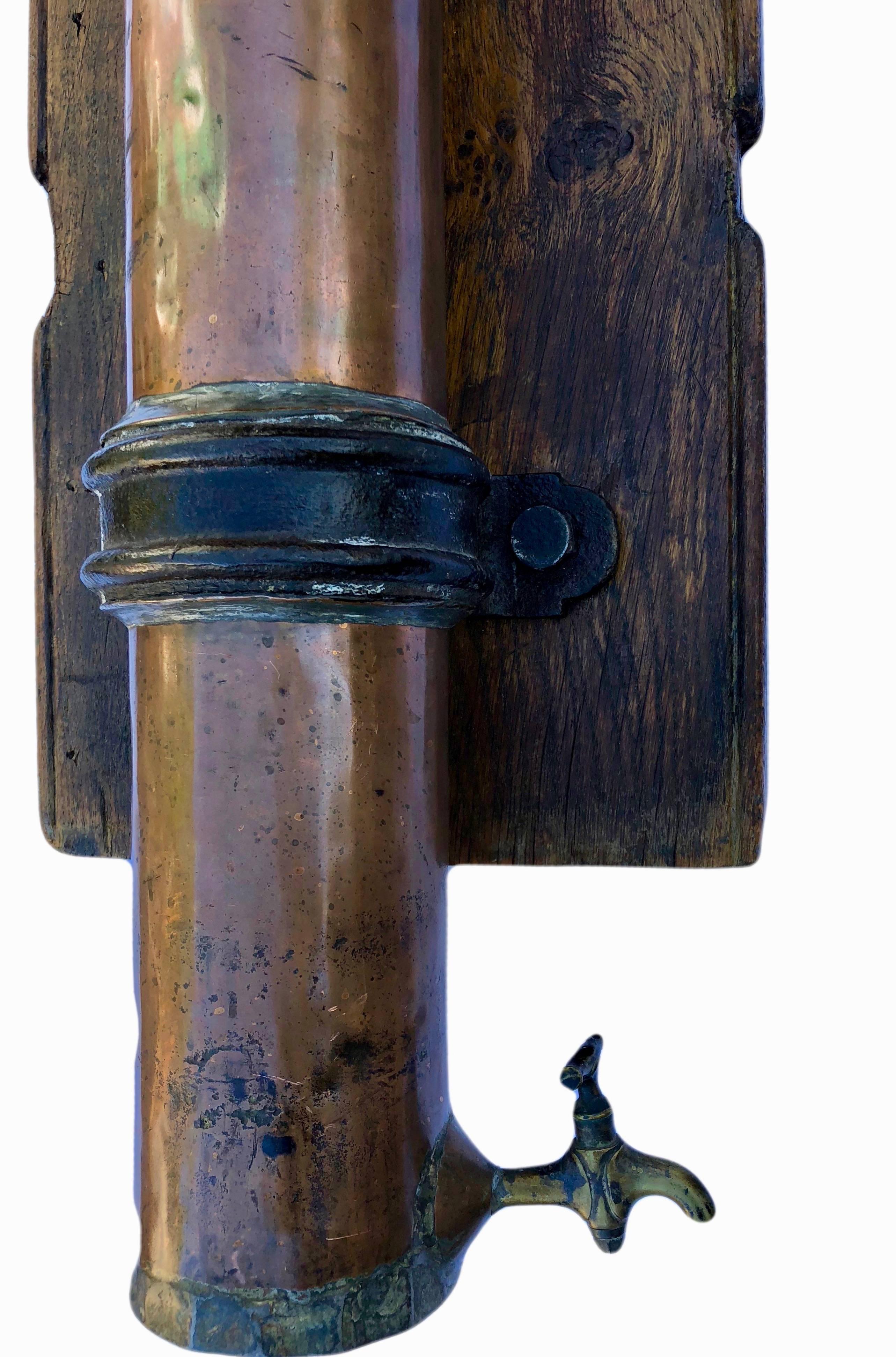 French Copper Water Hand Pump, Black Iron Features, Spout, on Wood, Louis XIV For Sale 2