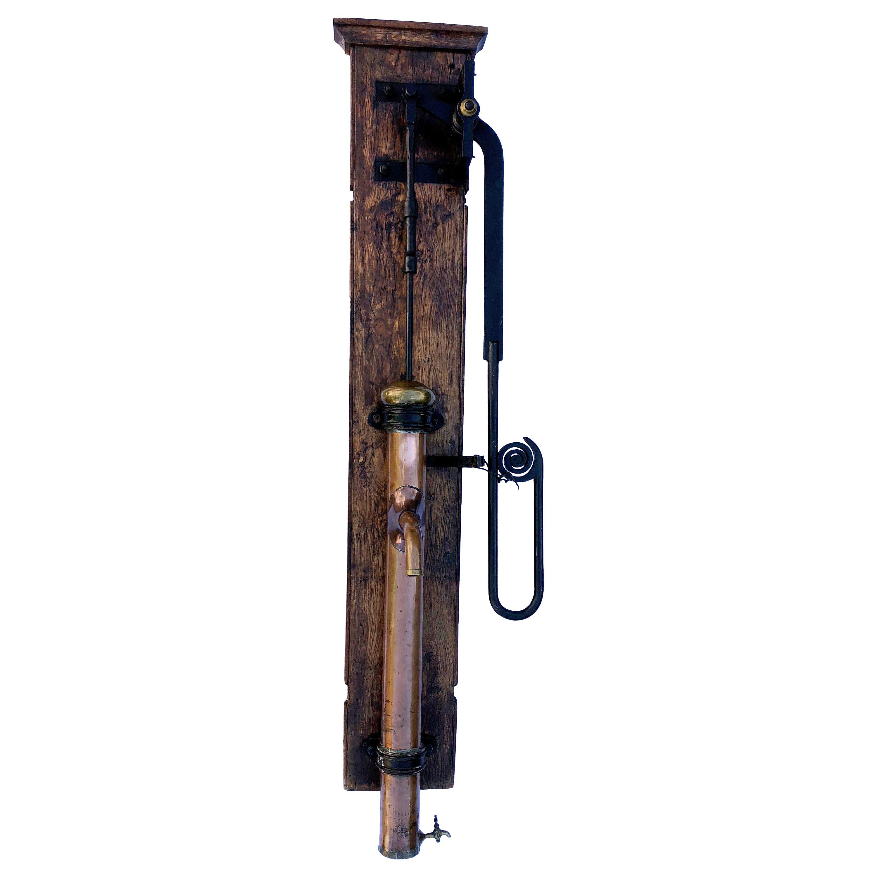French Copper Water Hand Pump, Black Iron Features, Spout, on Wood, Louis XIV For Sale