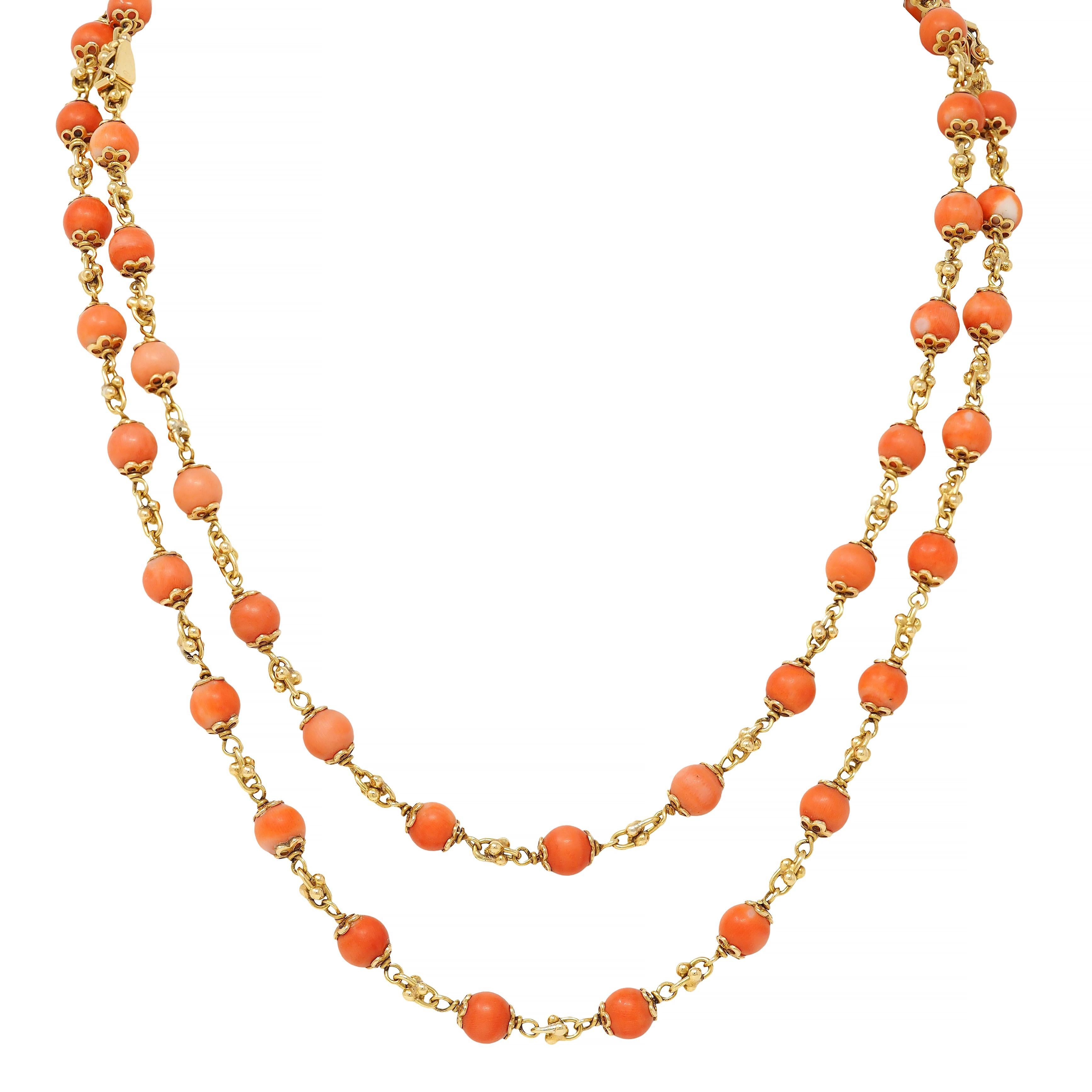 French Coral 18 Karat Yellow Gold Vintage Beaded Chain Link Bracelet & Necklace 6