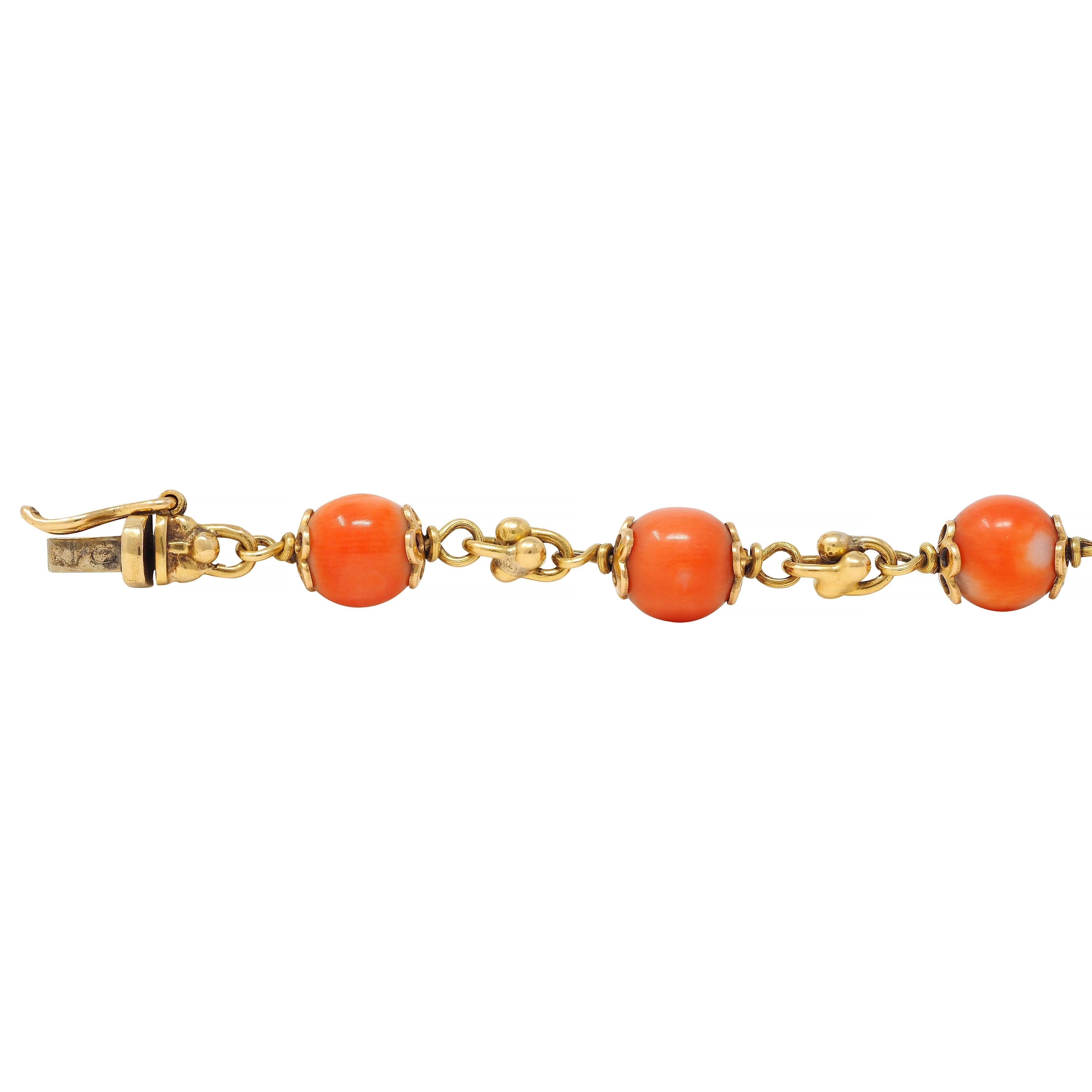 French Coral 18 Karat Yellow Gold Vintage Beaded Chain Link Bracelet & Necklace 7