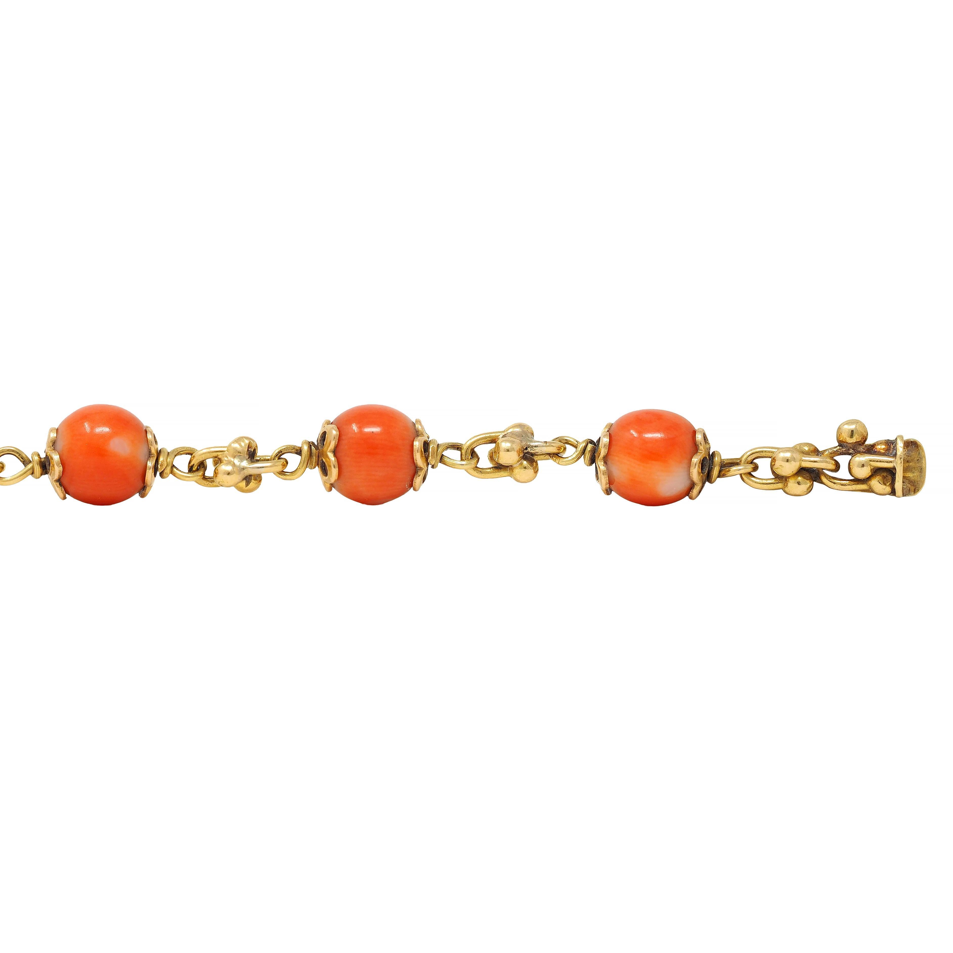 French Coral 18 Karat Yellow Gold Vintage Beaded Chain Link Bracelet & Necklace 9