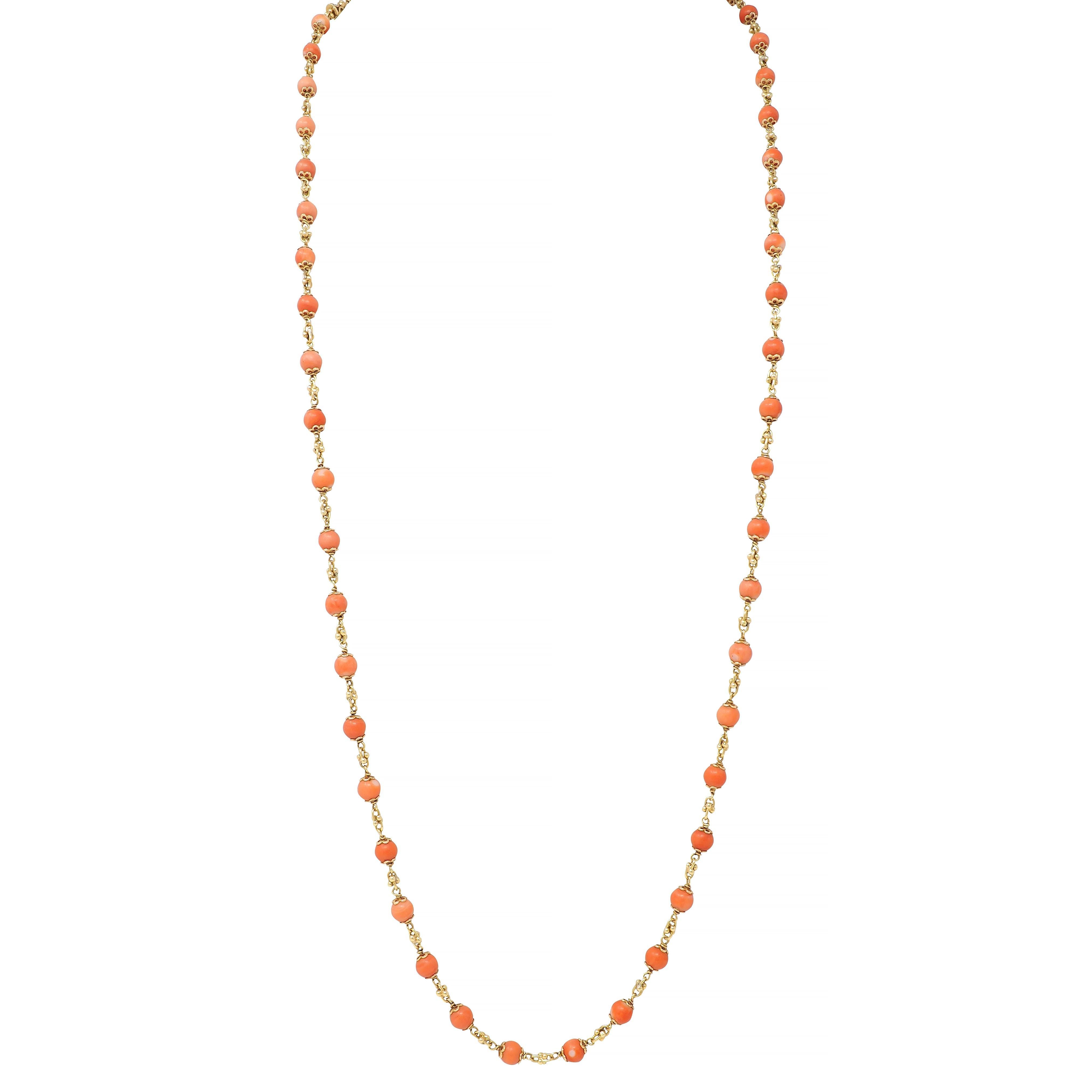 French Coral 18 Karat Yellow Gold Vintage Beaded Chain Link Bracelet & Necklace 12